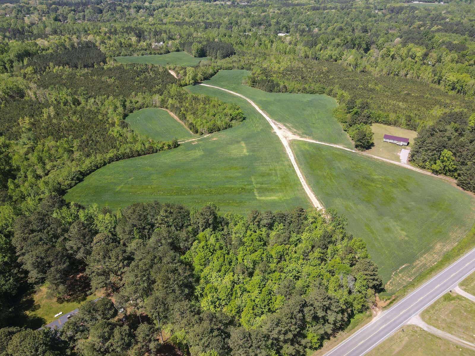 Aerial view of a grassy area with patches of trees, featuring a meandering pathway and a nearby road.