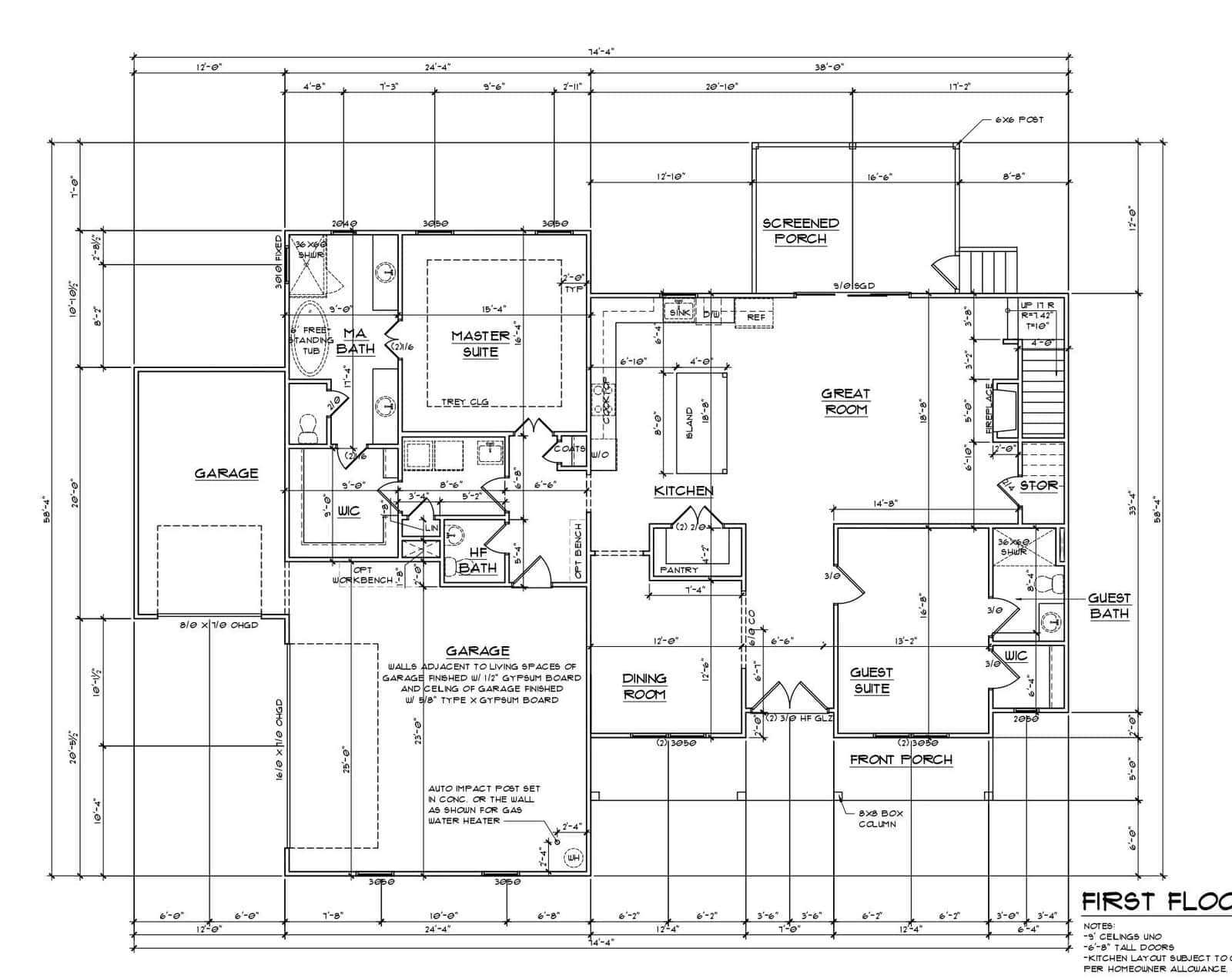Architectural floor plan of a house's first floor, featuring a garage, master suite with bath, guest suite, kitchen, great room, dining room, front porch, screened porch, and utility areas. Dimensions and annotations are included throughout the design.