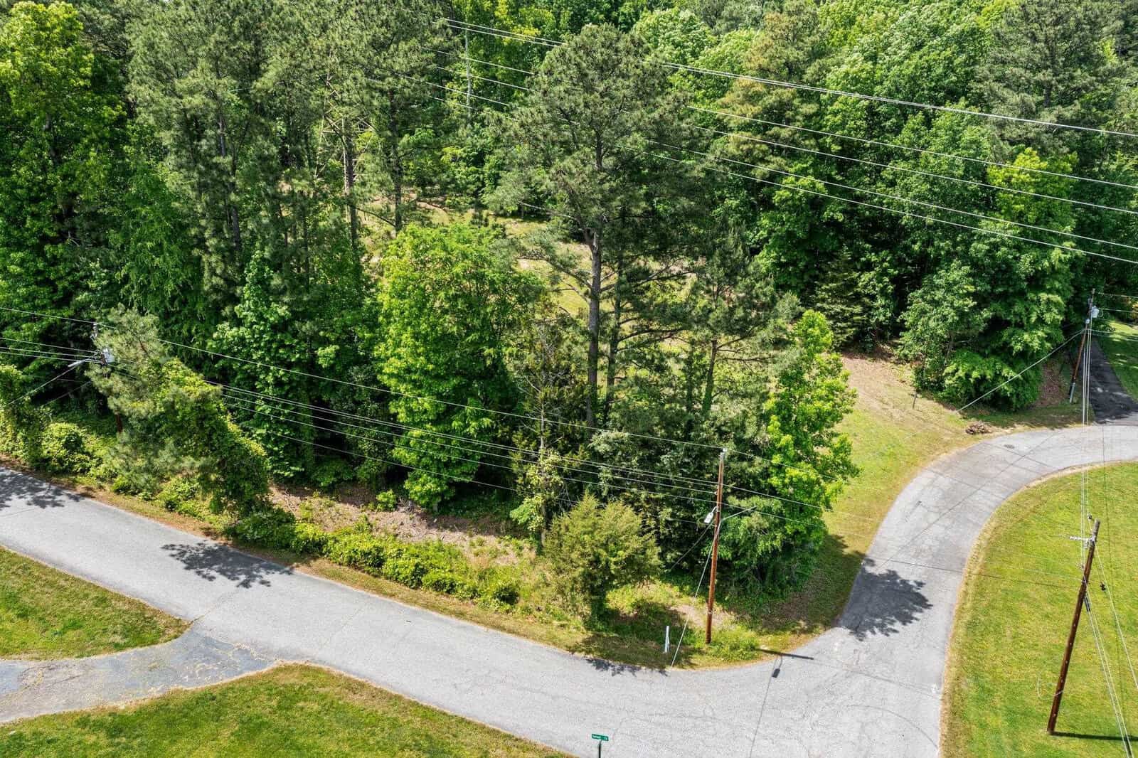 Aerial view of a curving road intersection with power lines and surrounded by green trees.