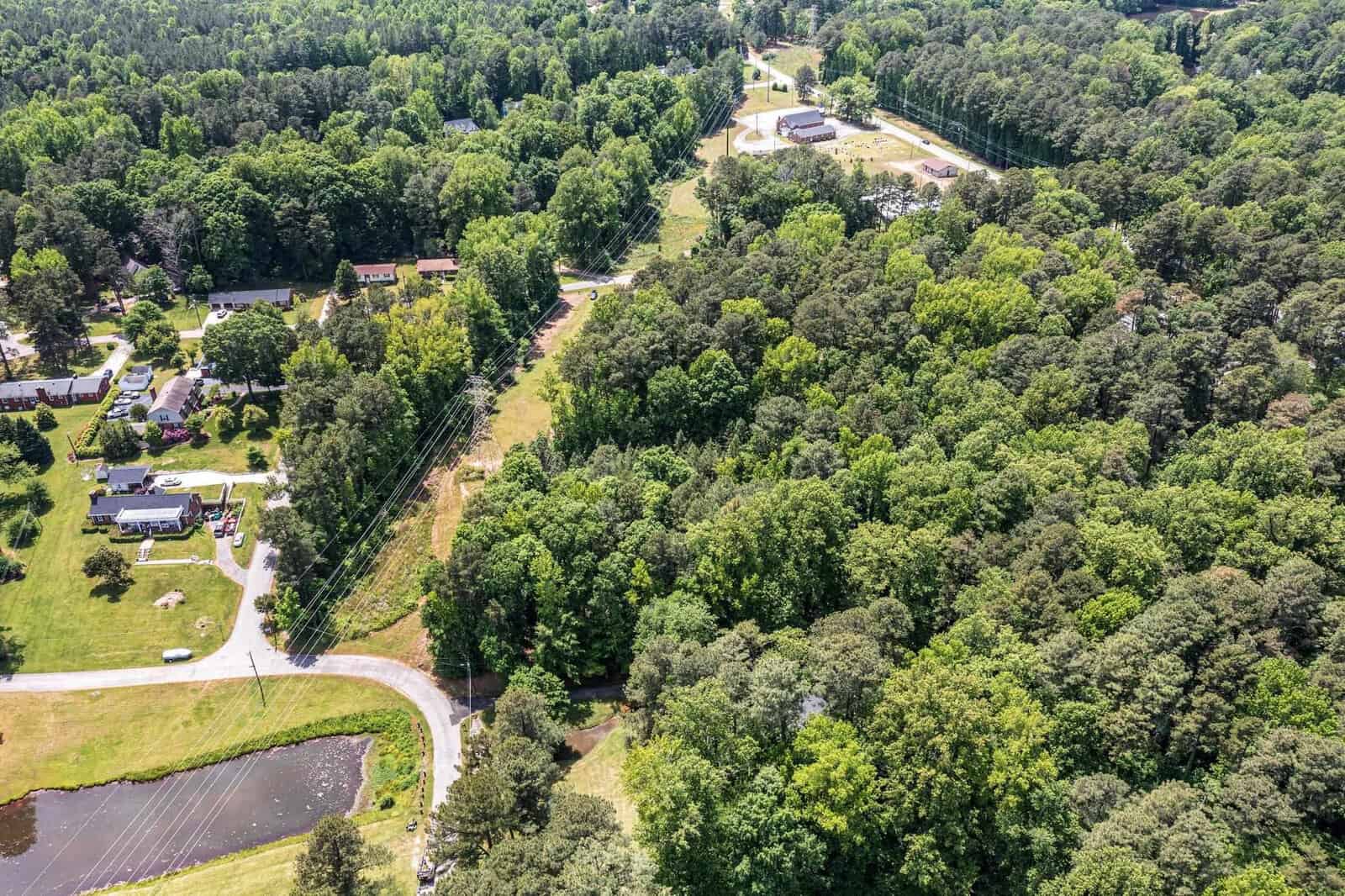 Aerial view of a suburban area with lush greenery, featuring a curving road, individual houses, and a clear division between a forested zone and residential plots.