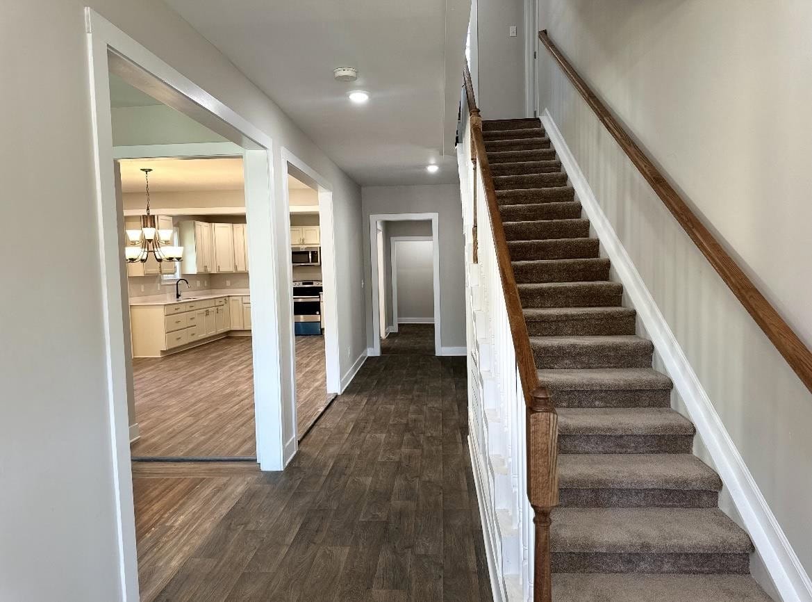 A well-lit hallway with wooden flooring leading to a kitchen on the left and a carpeted staircase on the right.