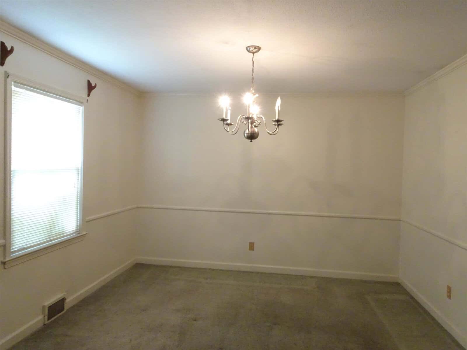 An empty room with white walls, a hanging chandelier, and a green carpet.
