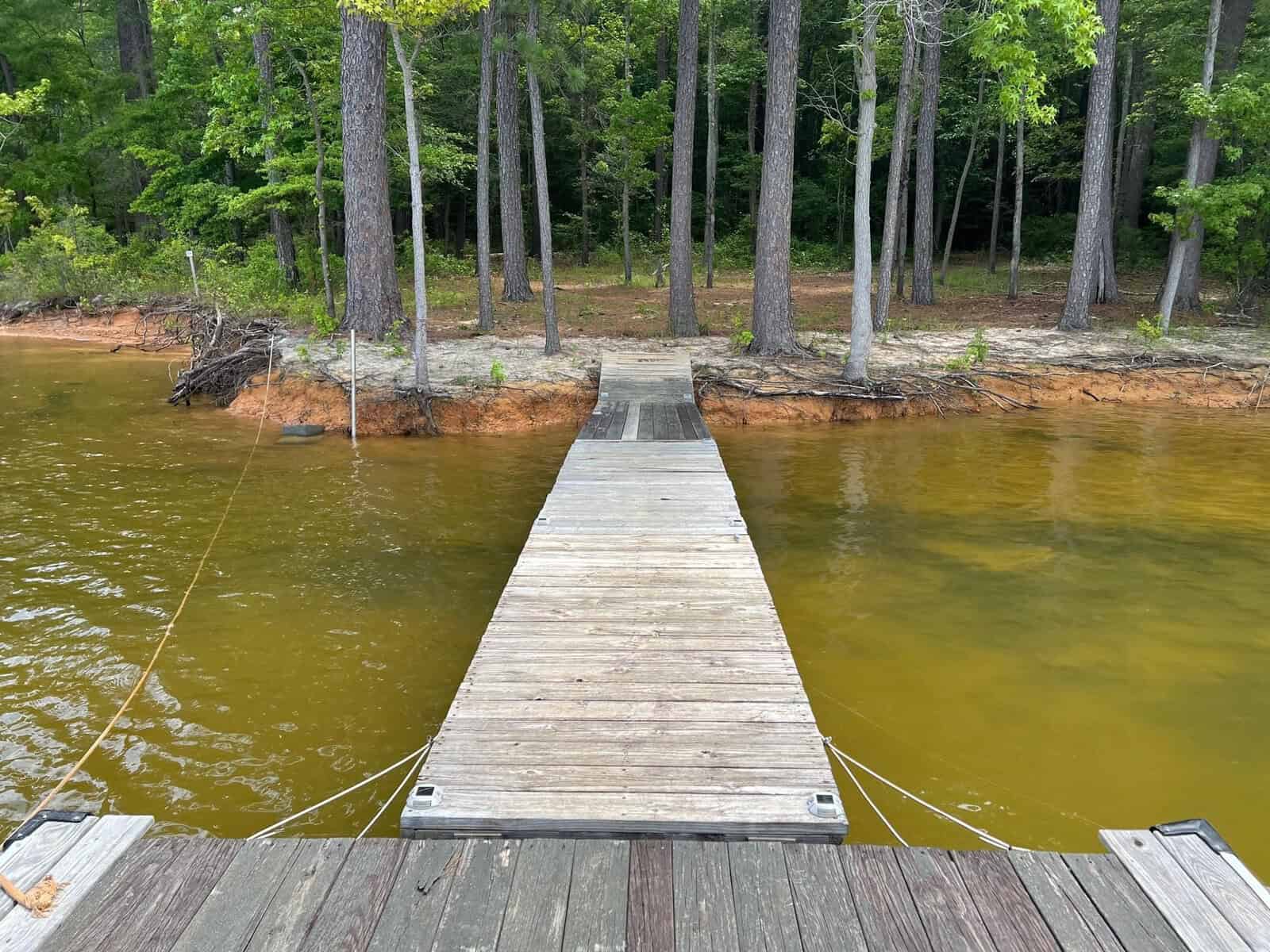 A wooden dock extends over a body of greenish-brown water, leading to a small, sandy shoreline with tall trees in the background. The dock is slightly weathered, and the surrounding area is lush with greenery.