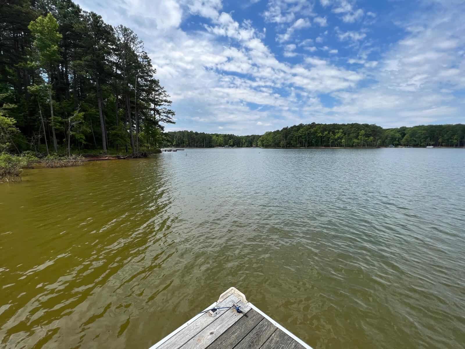 The image shows a tranquil lake under a partly cloudy sky, with green trees lining the shore. The foreground features the pointed end of a wooden dock extending into the water.