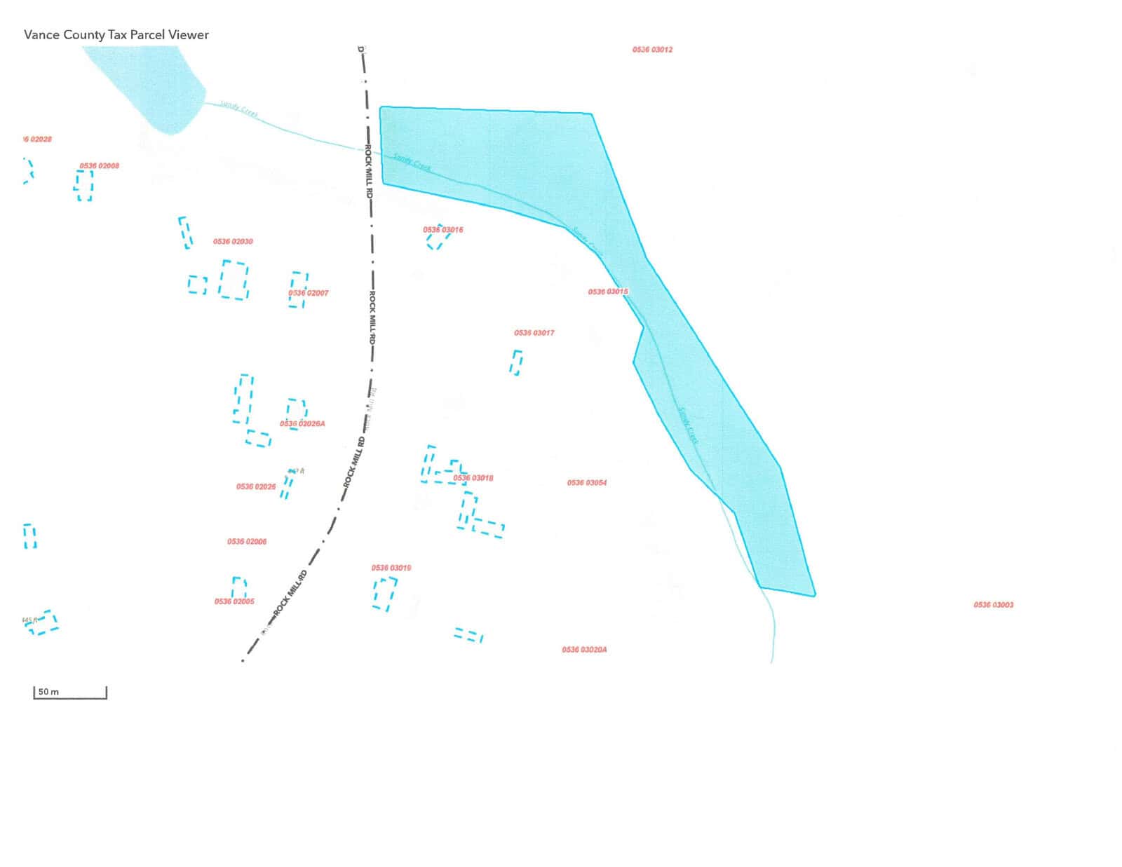 The image displays a partial screenshot of a mapping application annotated with "vance county parcel viewer," showing a number of delineated property parcels adjacent to a body of water, possibly a lake or river, highlighted in blue. each parcel is labeled with its respective parcel identification number.