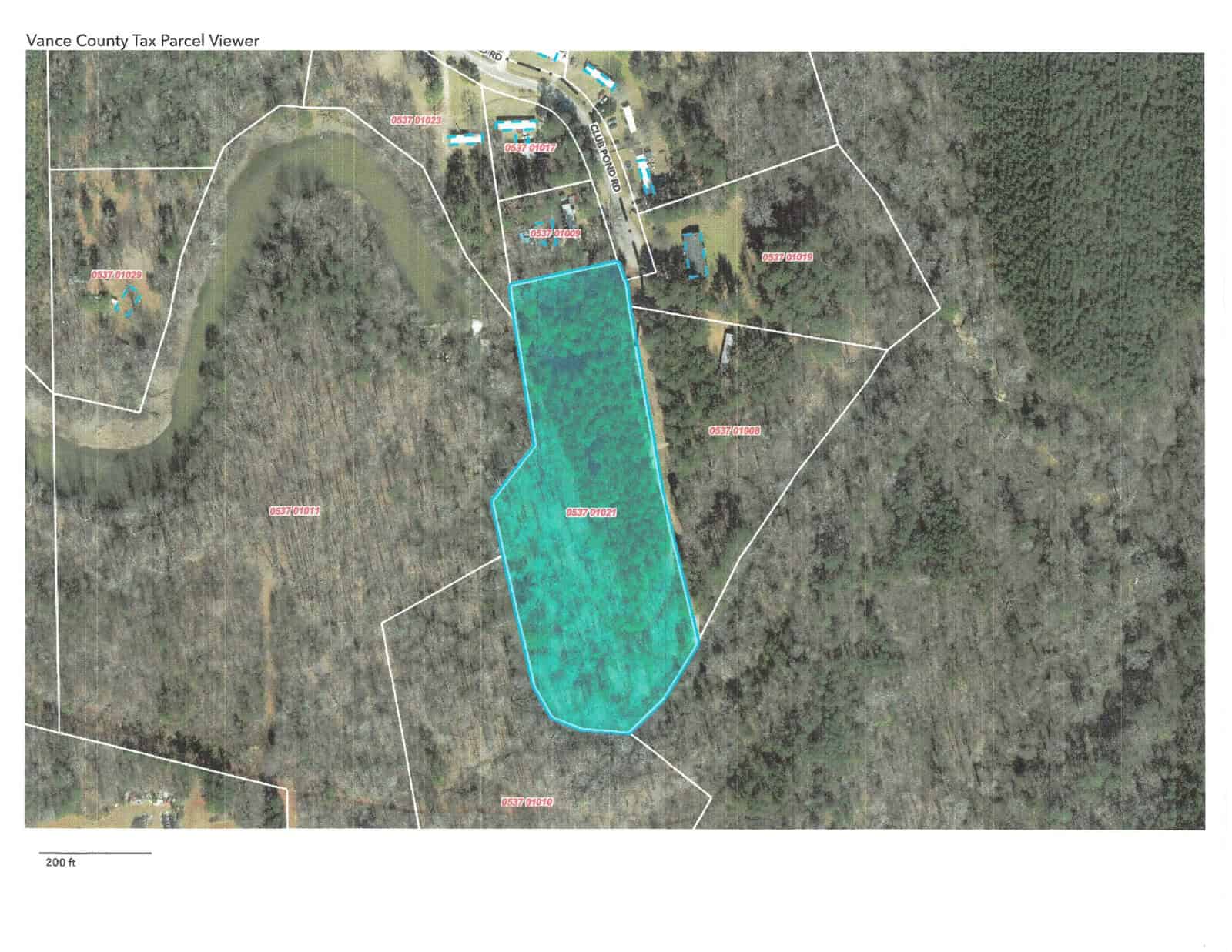 Aerial view of a parcel of land highlighted in turquoise within a wooded area, showing property boundaries and parcel numbers, as depicted on the vance county tax parcel viewer.