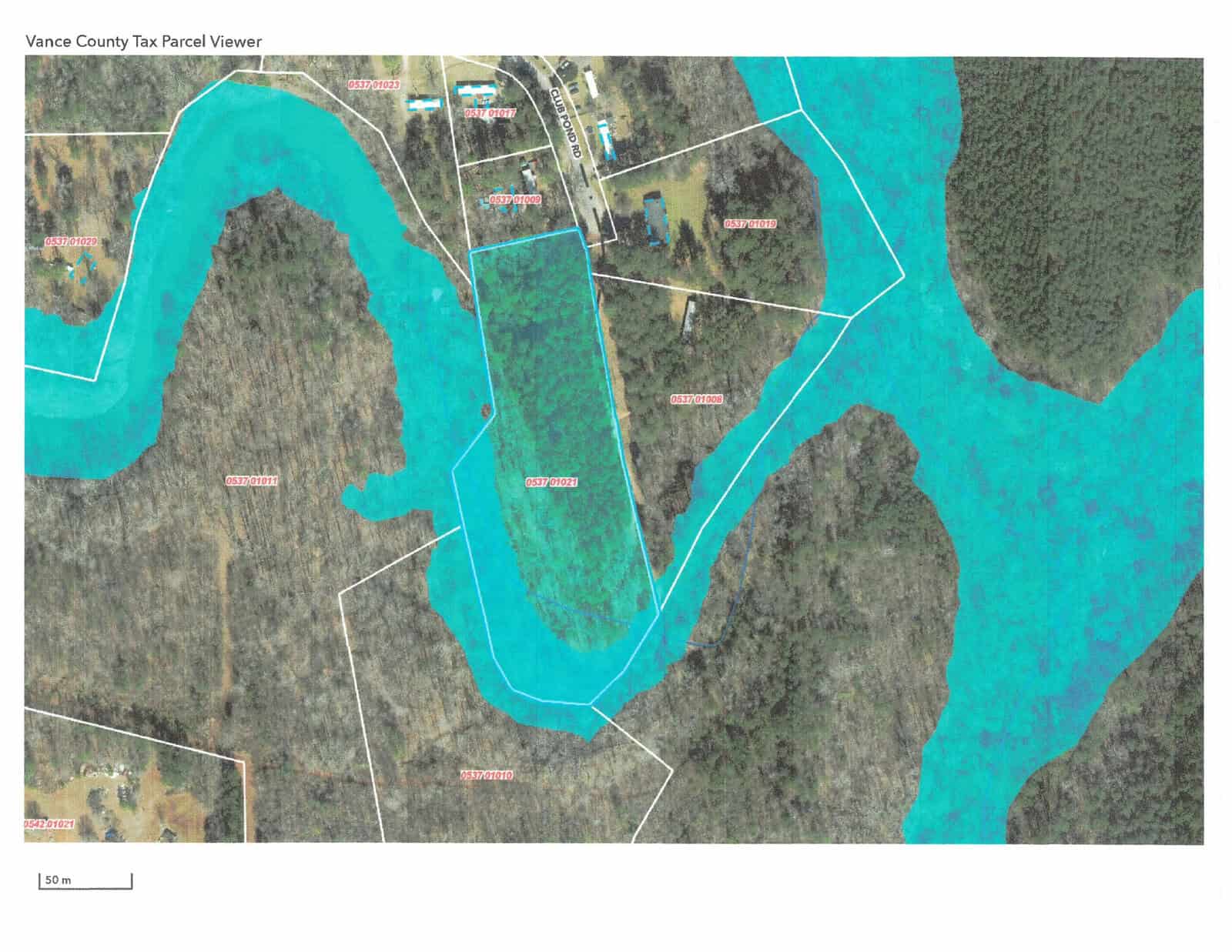 Aerial map view of vance county tax parcel viewer showing outlines of property lots near a body of water, overlaid with parcel identification numbers.
