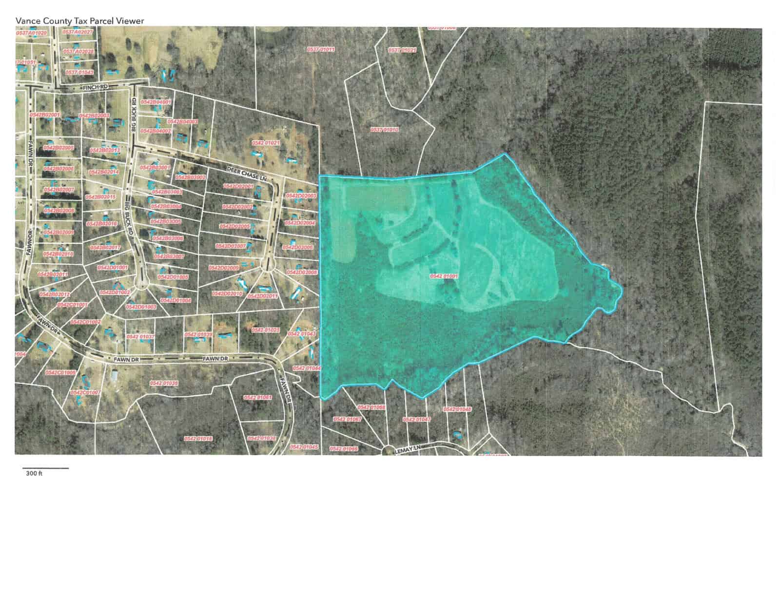 Aerial map of a 53.2 Acs section near Finch Road in Henderson NC, highlighting land parcels with a prominent turquoise-colored body of water located centrally.