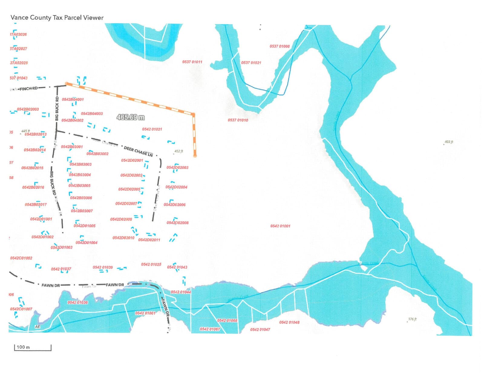 The image displays a graphic representation of a parcel viewer map for vance county, detailing various land plots with identifiers and boundaries along with water bodies in the area.