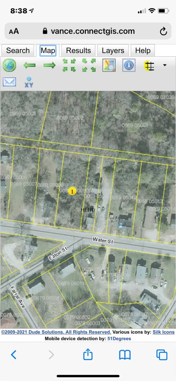 A screenshot displaying a section of a map with parcel boundaries, showing a highlighted property on a street named water st. the map interface is from a website, and there are various tool icons at the top.
