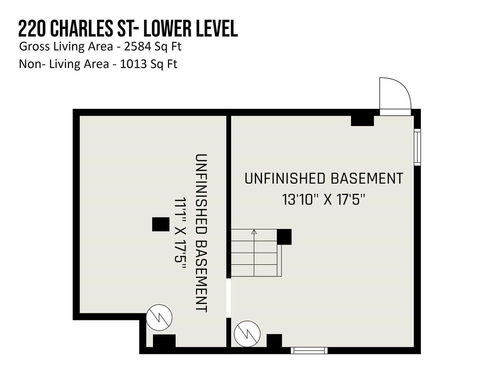 Floor plan of 220 charles st - lower sq ft depicting an unfinished basement with dimensions and the total non-living area square footage.