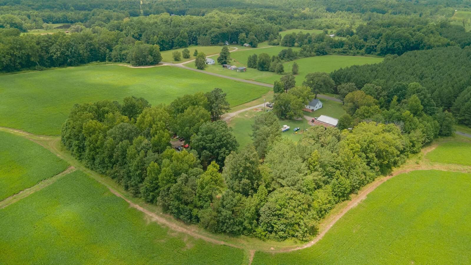 Aerial view of a rural landscape with fields, a cluster of trees, and a few scattered houses with connecting roads.