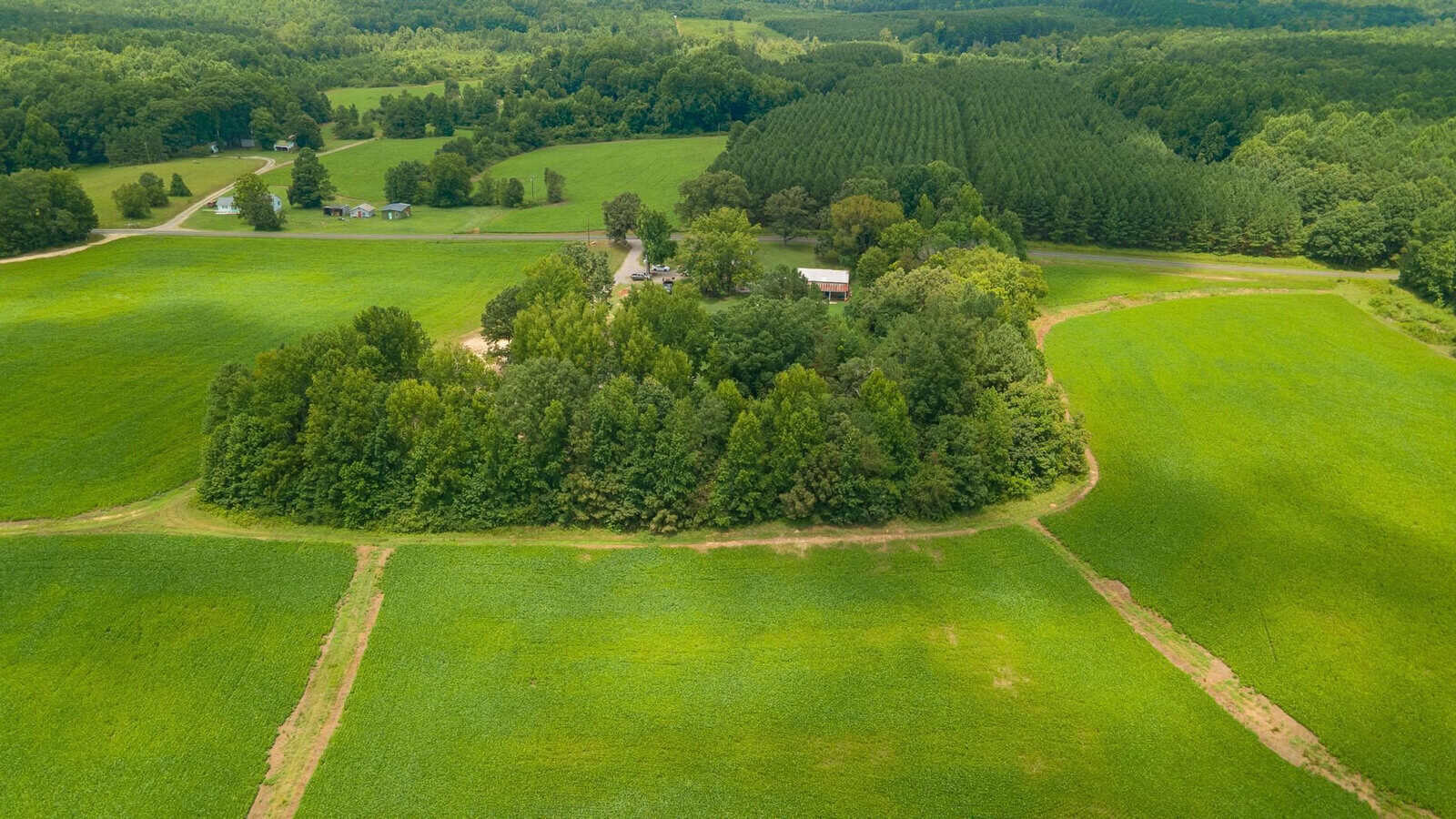 Aerial view of a rural landscape with patches of green fields, a cluster of buildings in the center, and trees surrounding the area.