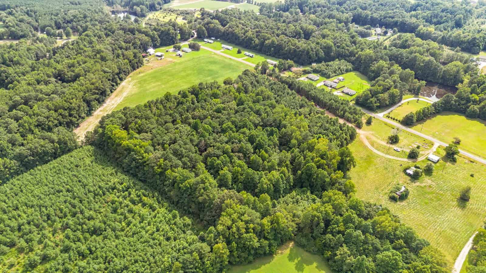 Aerial view of a rural landscape featuring a dense wooded area surrounded by open grassy fields, scattered houses, and winding roads, with more forested areas in the distance.
