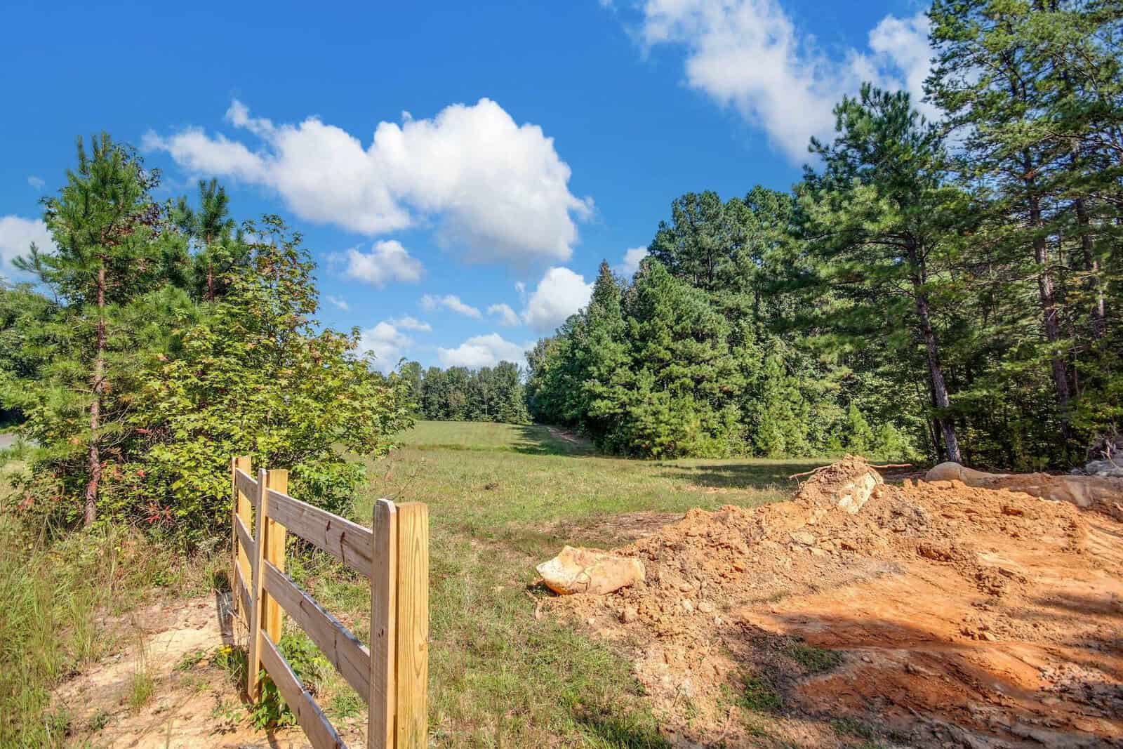 A scenic view of a grassy field bordered by a wooden fence and dirt path. Tall green trees line the area under a blue sky with fluffy white clouds.