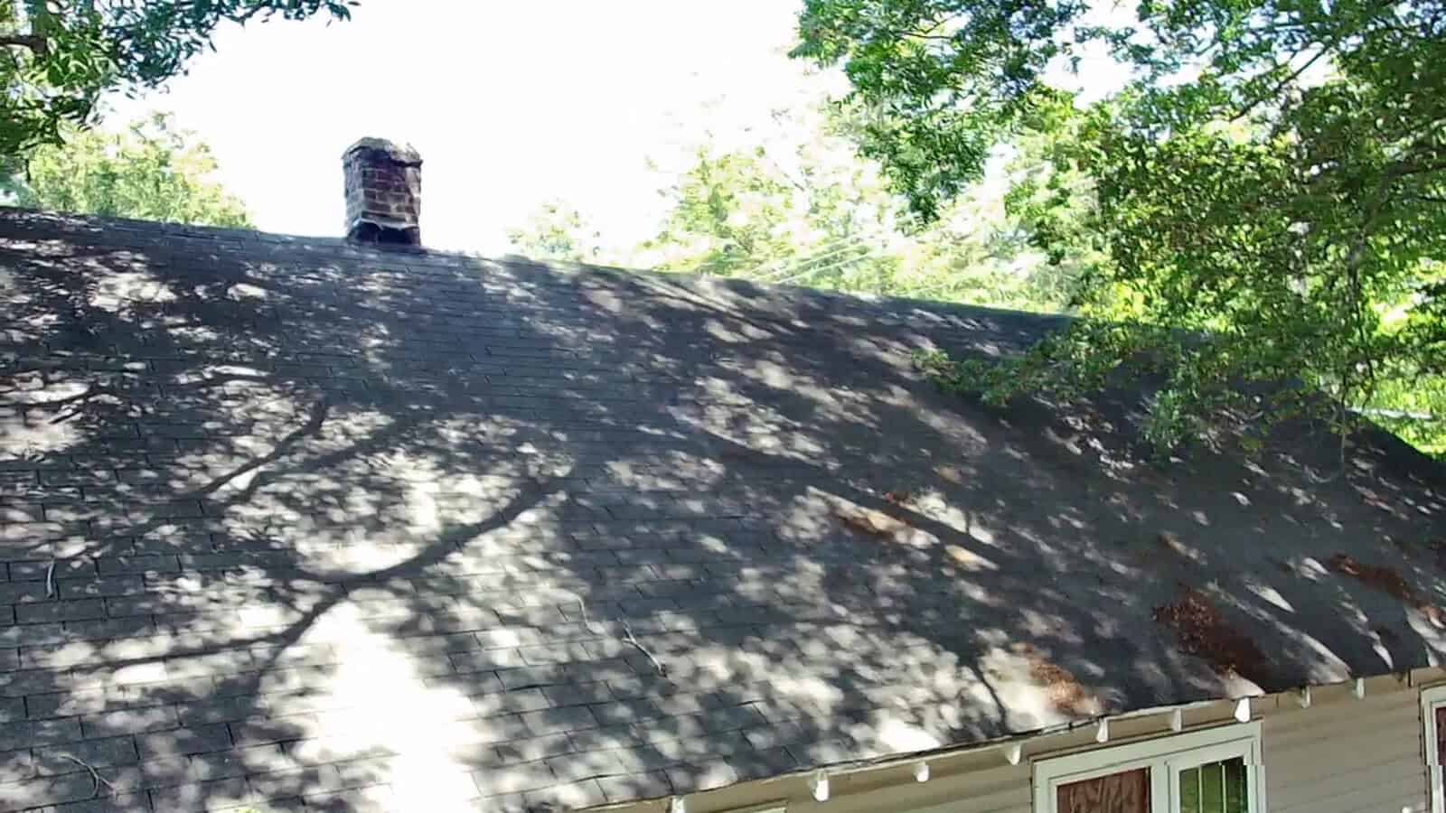 A shadow of tree branches is cast across an asphalt shingle roof on a sunny day, with a chimney visible at the roof's peak and trees surrounding the area.