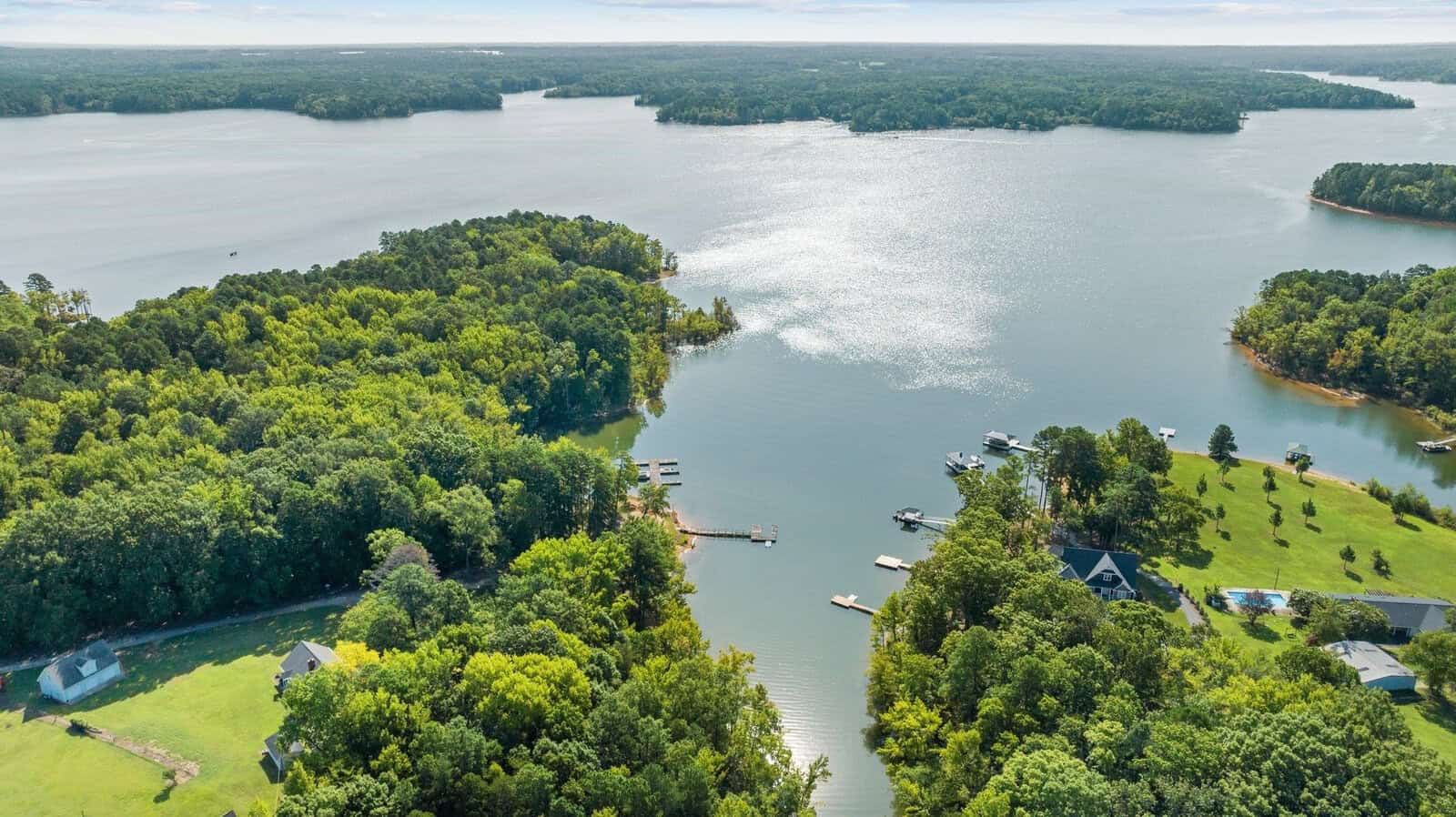 Aerial view of a tranquil lake with surrounding greenery and residential properties, featuring private docks extending into the water.