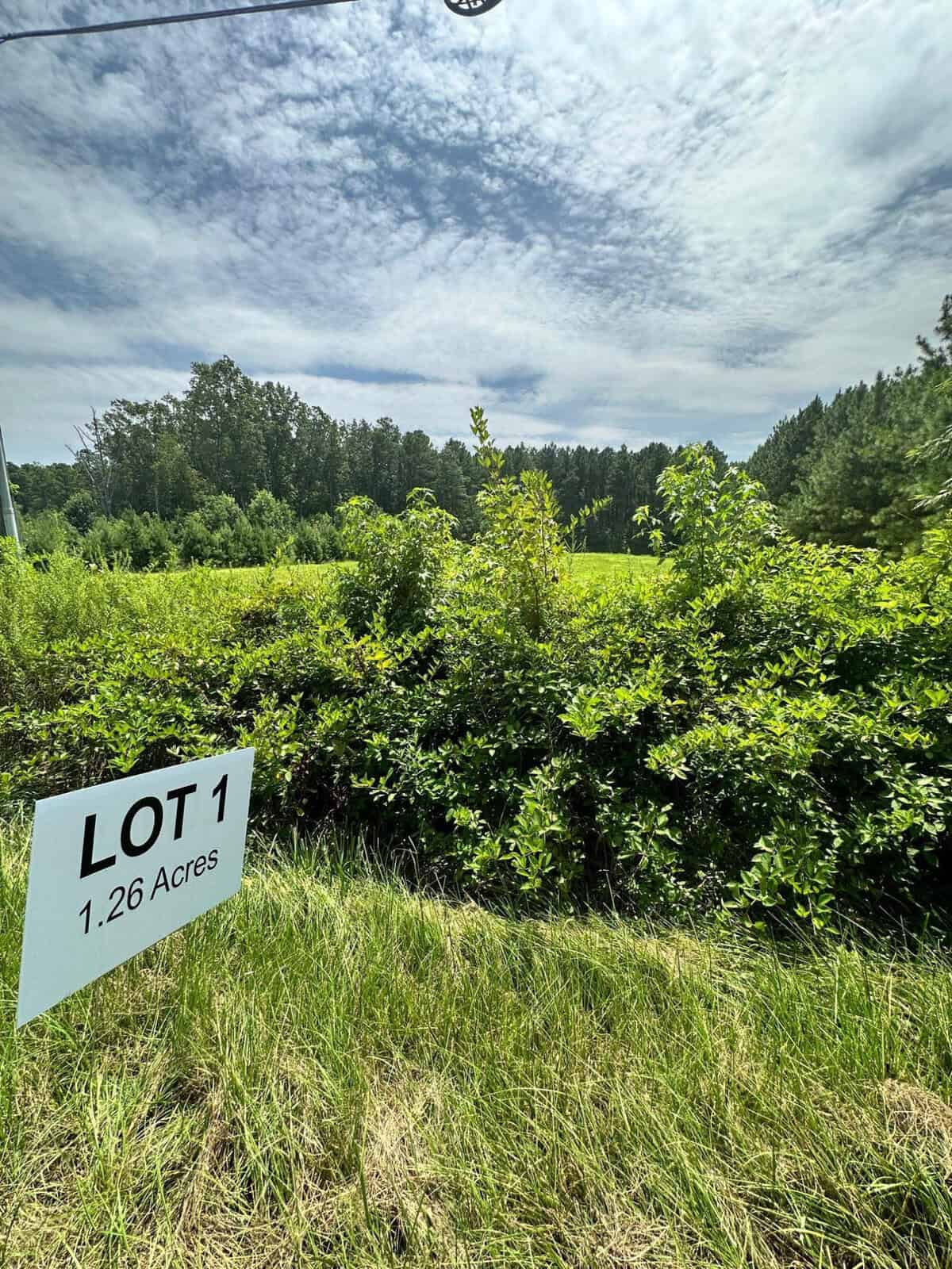 A lush green field with dense bushes and trees lies under a partly cloudy sky. In the foreground, a sign on the grass reads "LOT 1, 1.26 Acres," marking this beautiful piece of land at 3226 Bruce Garner Road, Creedmoor.