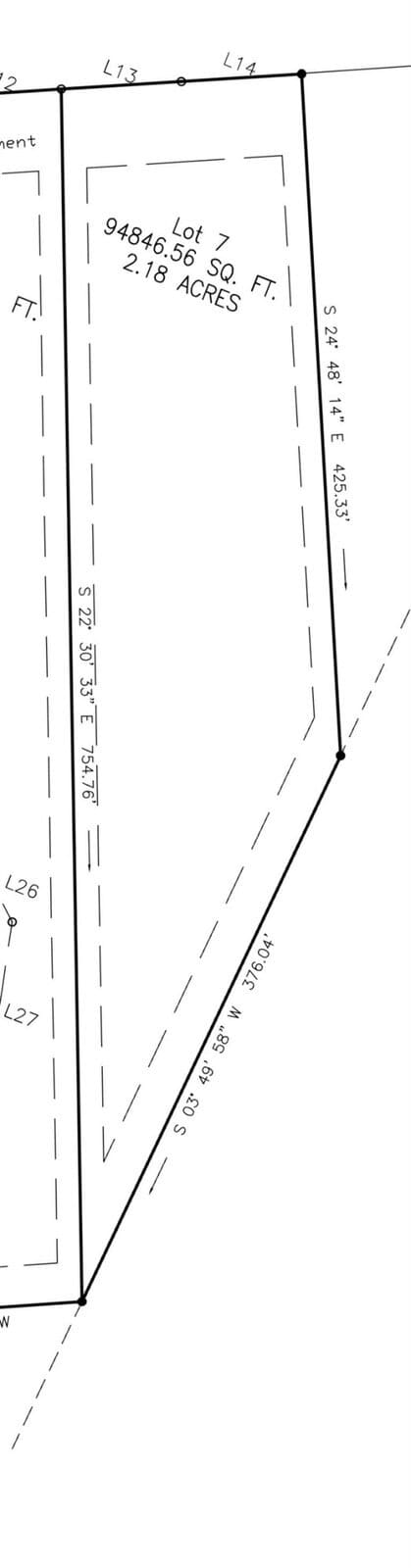 A triangular plot of land labeled "Lot 7" with dimensions and area measurements. The area is marked as 94,846 square feet, equivalent to 2.18 acres. The sides are outlined with dashed lines, and various angle measurements are indicated.