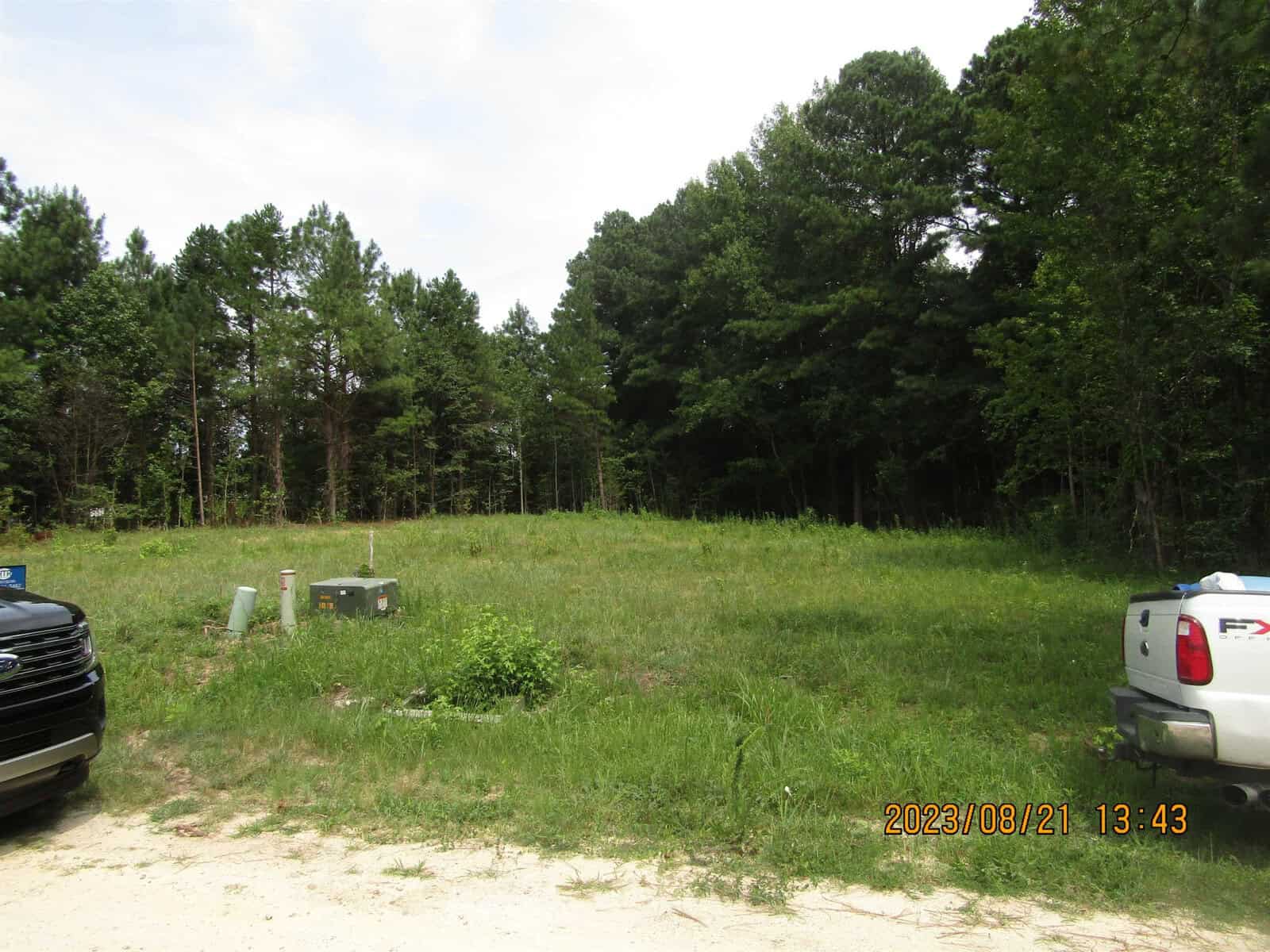 A sunny rural scene showing a grassy field bordered by tall pine trees, with part of a parked silver suv visible on the left. the sky is clear and the date stamp indicates it was taken on august 21, 2023.