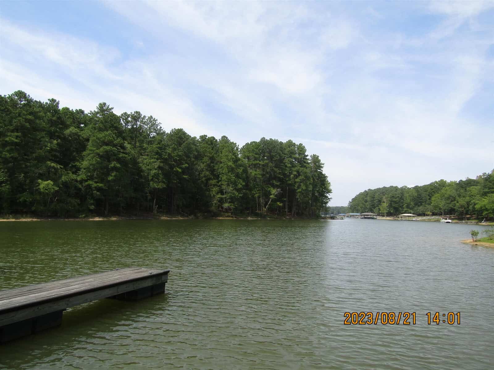 A serene lake bordered by lush green trees under a clear sky, with a wooden dock extending into the water on the right side. the date and time stamp in the corner show "2023/03/21 14:01".