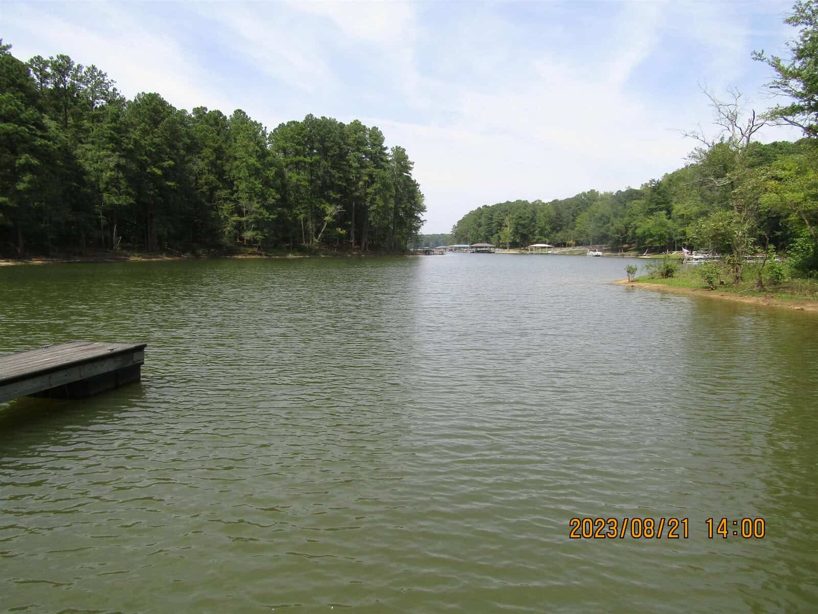 A scenic view of a calm lake flanked by lush green trees, with a wooden dock on the left side and boat docks in the distance under a clear sky. the date "2023/08/21 14:00" is visible on the image.