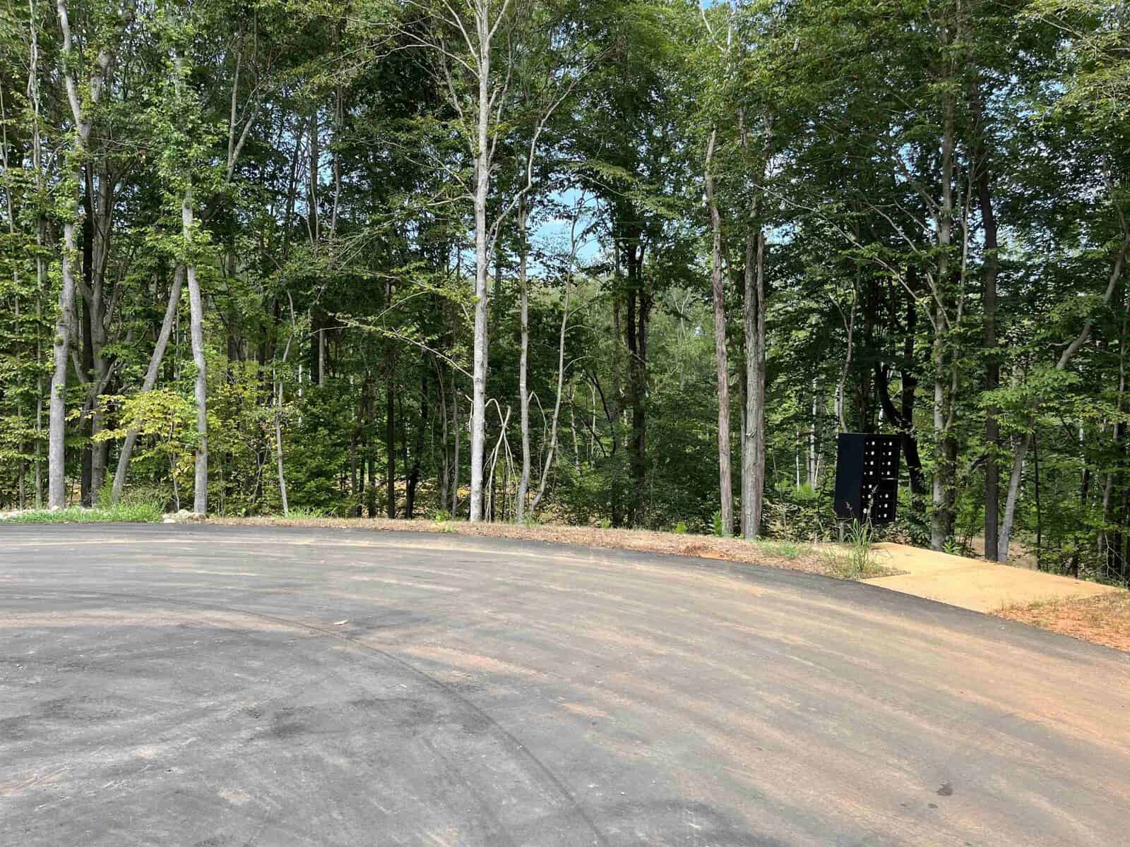 A curved asphalt path leads into a dense forest of tall trees with lush green foliage. At the entrance near 981 Browning Place in Youngsville, a large black rectangular object stands on the right side, partially obscured by trees. The scene is bright and serene.