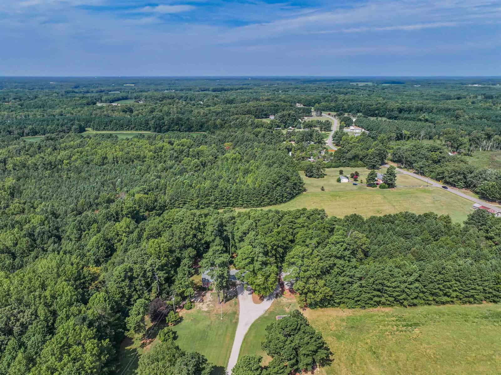 Aerial view of a verdant landscape with a winding road through a forested area, residential properties scattered along the road, and a clear sky overhead.
