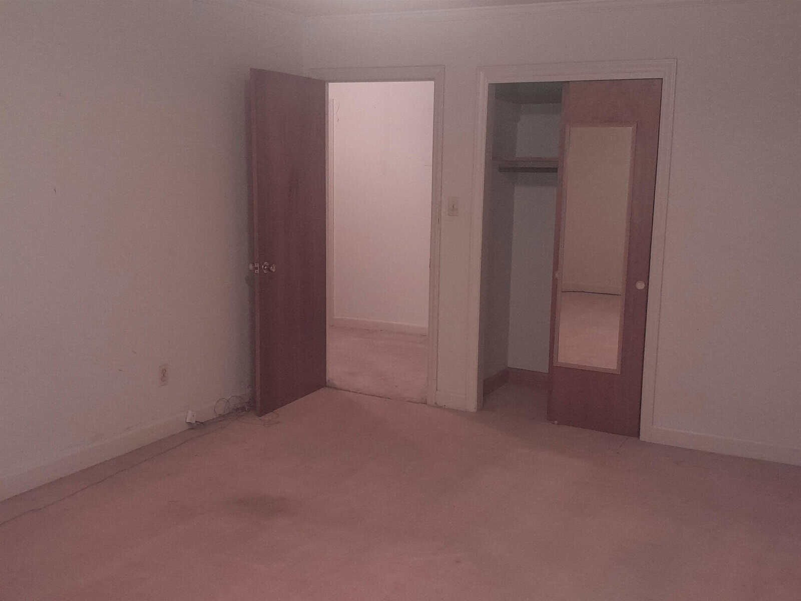 A dimly lit empty room with two open doors and beige carpeting.