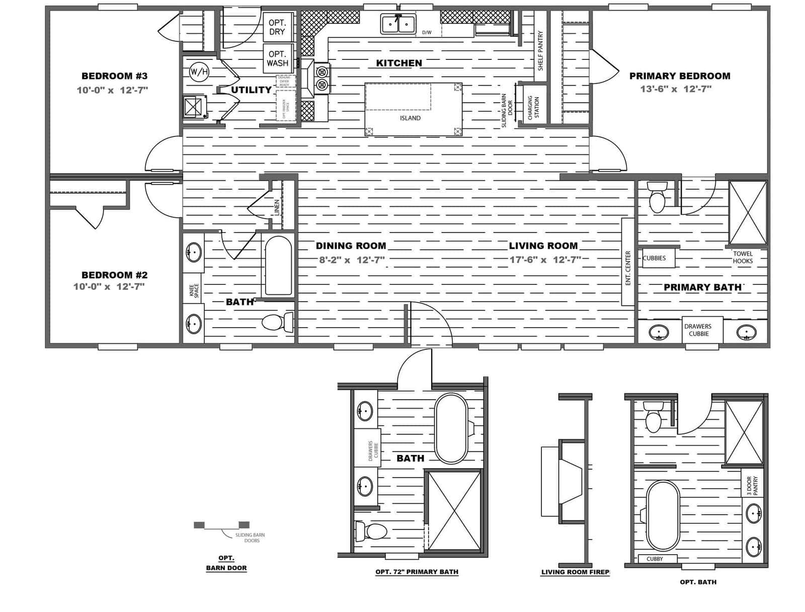 Architectural floor plan of a residential home showing the layout of bedrooms, bathrooms, kitchen, dining room, living room, and utility areas with dimensions.