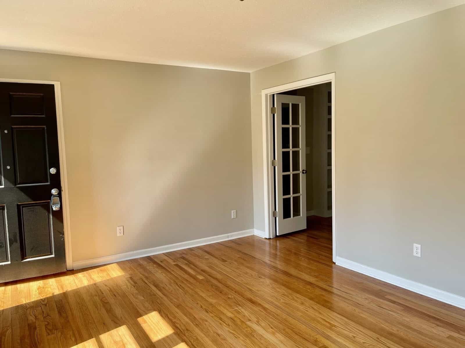 Empty room with hardwood floors, a black front door on the left, and sunlight casting shadows on the wall. a white door with glass panels leads to another room on the right.