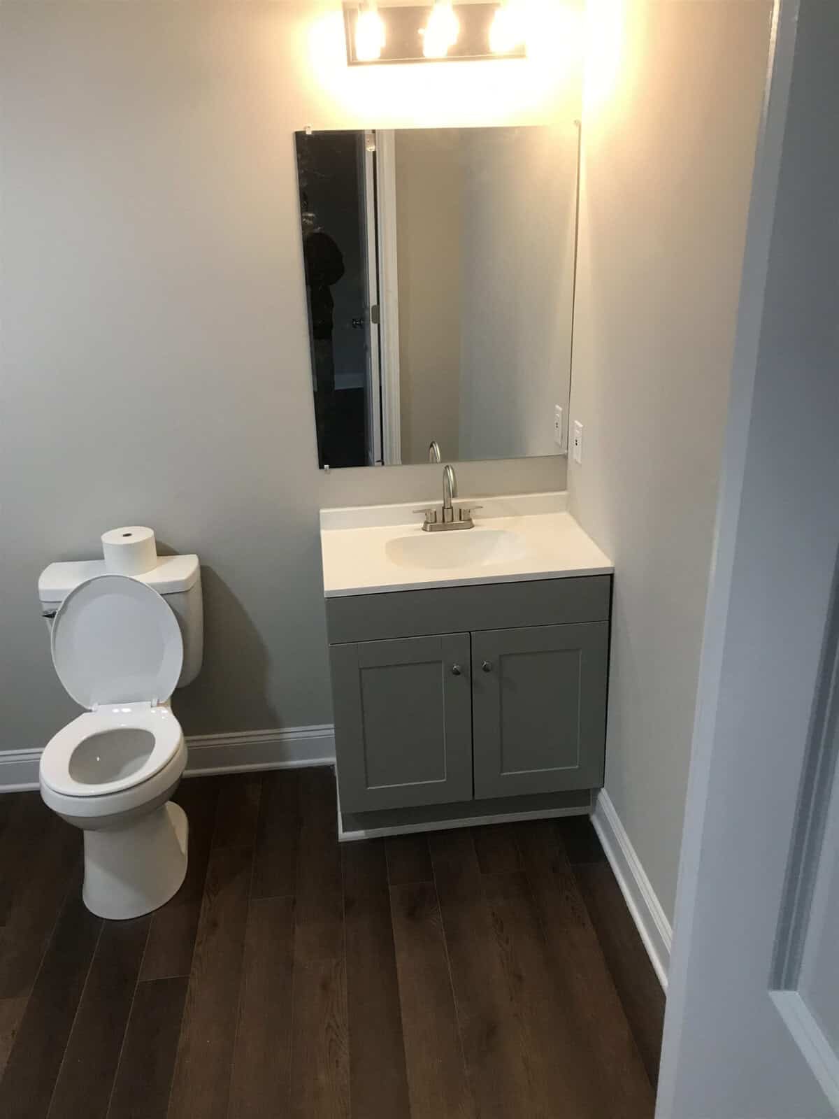 A modern bathroom featuring a toilet to the left and a vanity with a sink and mirror directly ahead, all set against neutral-colored walls and dark wood flooring.