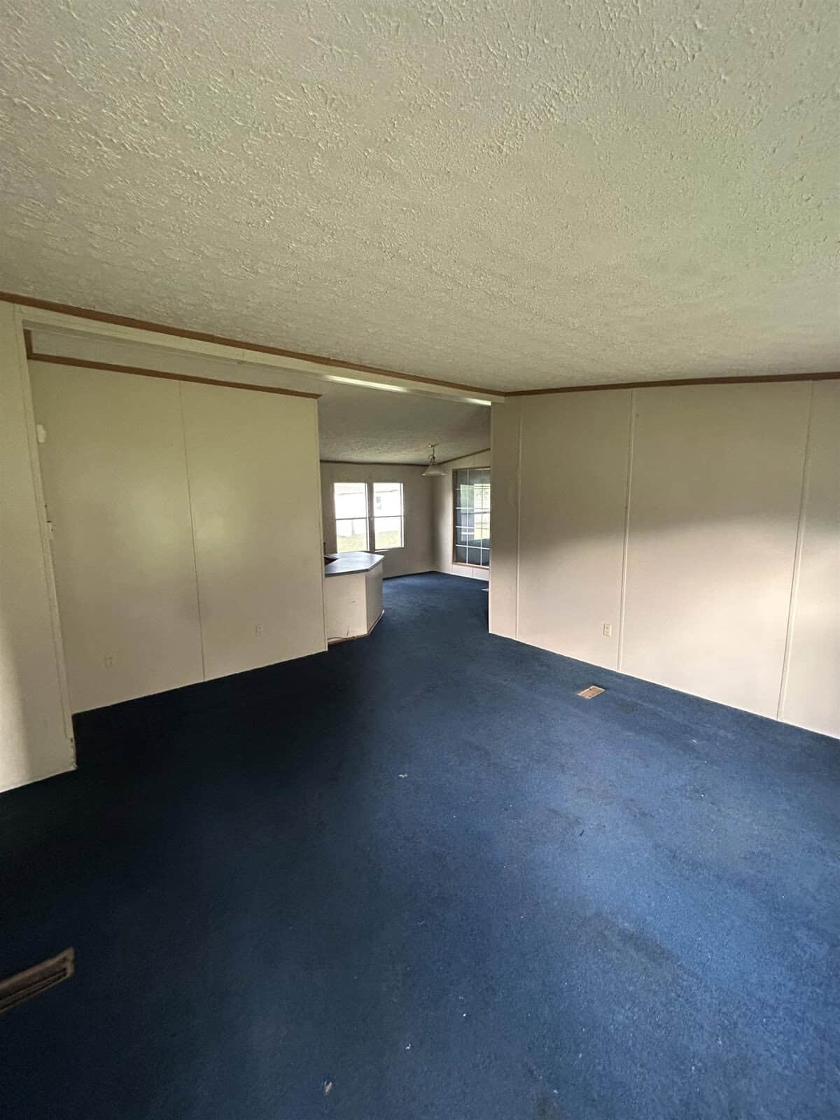 A room with blue carpet, white walls, and a textured ceiling. There are large windows in the back, allowing natural light. The space is mostly empty, with an open floor plan and a partial partition wall.