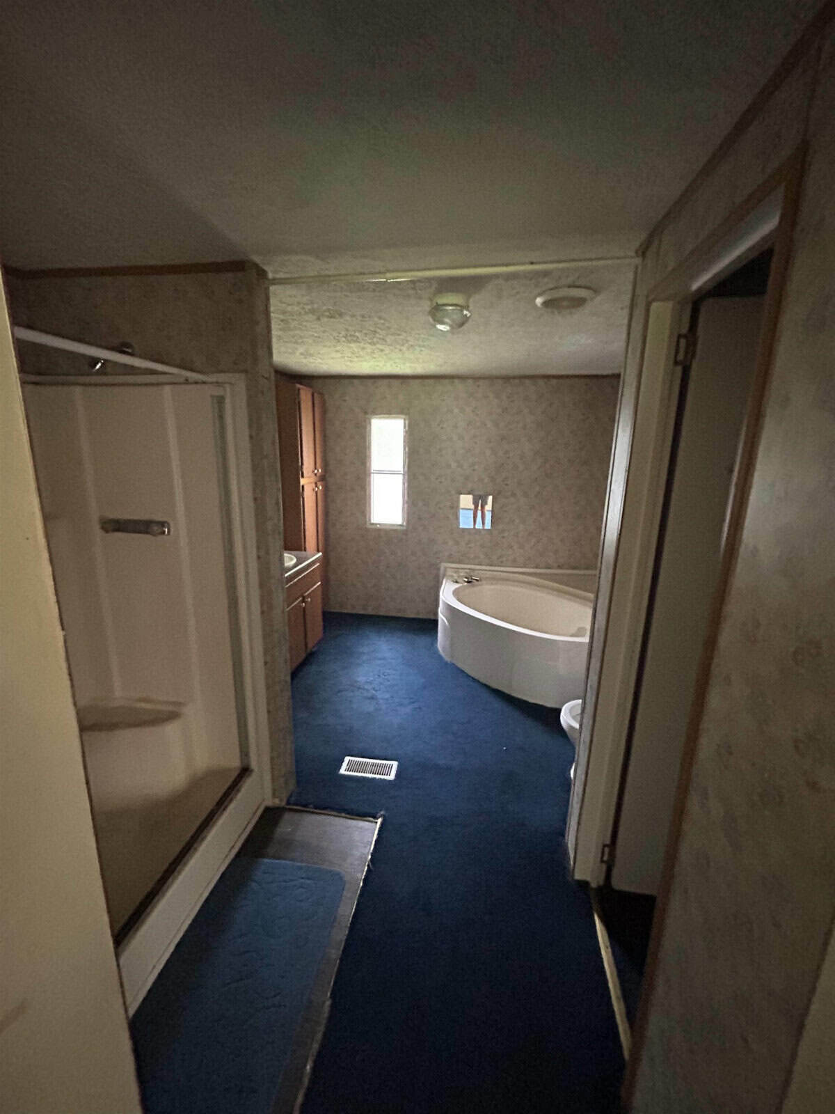 A dimly lit bathroom with dark carpet features a standing shower on the left, a corner bathtub with two windows above, a toilet on the right, and wooden cabinets. Walls are patterned, and a ceiling light is visible.