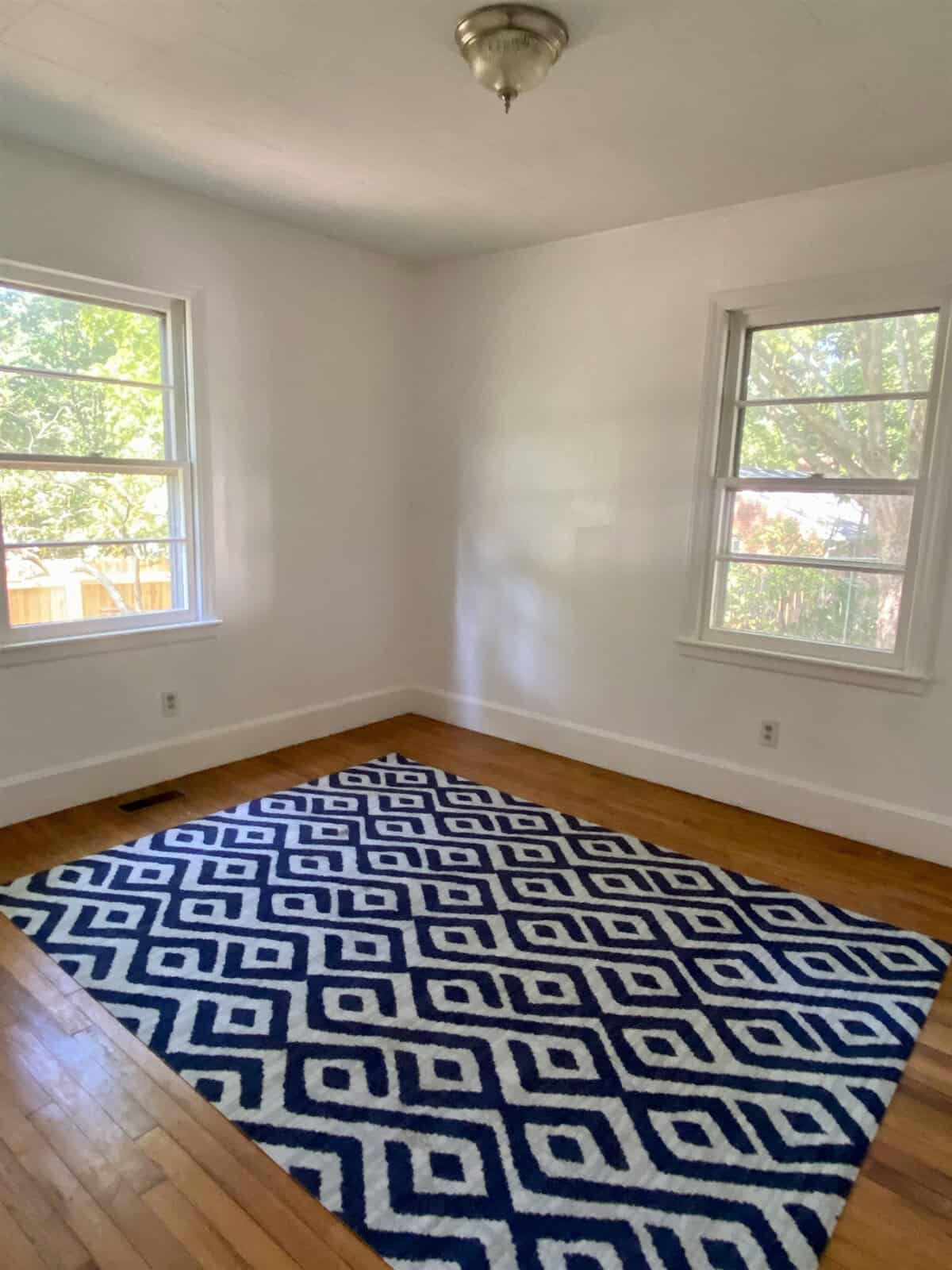 Empty room with hardwood floors, a patterned blue and white rug, and two windows letting in natural light.