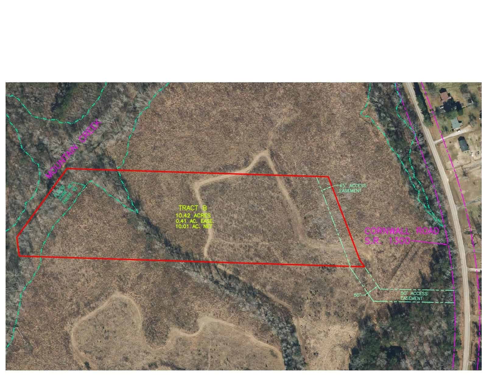 An aerial map shows a tract of land outlined in red near 7717 Cornwall Road, with parcel size details labeled. Roads are marked on the right side, while the surrounding terrain near Oxford appears natural with visible vegetation.