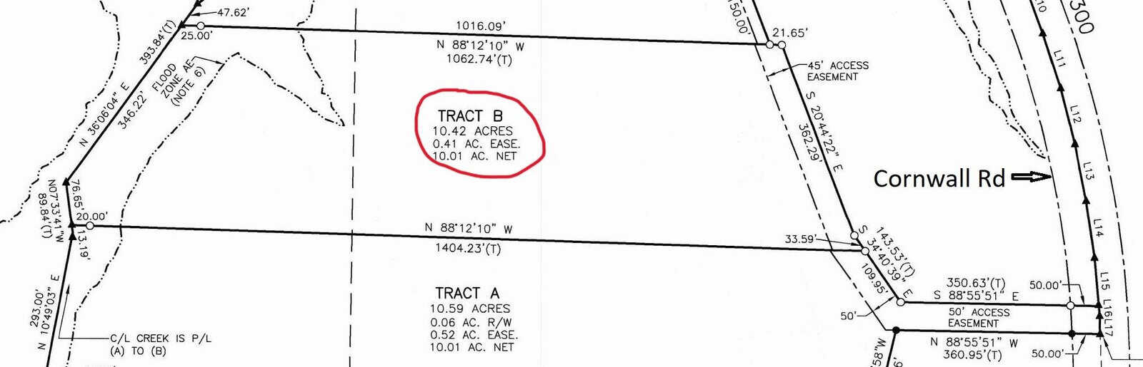 A cadastral map showing Tract B, which is 10.42 acres, with a 0.41-acre ease, and 10.01 acres net. Nearby is Tract A with details partially visible. Cornwall Rd is indicated on the right side of the map.