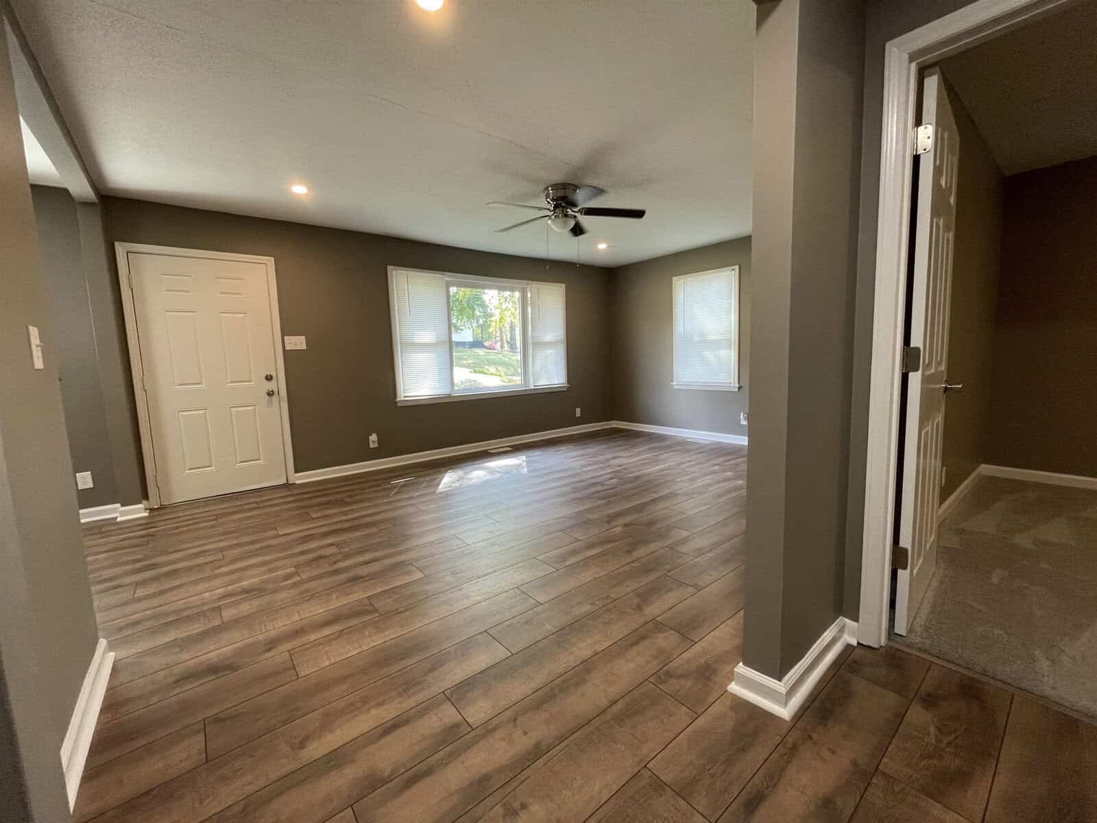 An empty room with gray walls and brown wood flooring, featuring a ceiling fan, two windows providing natural light, and a white front door.