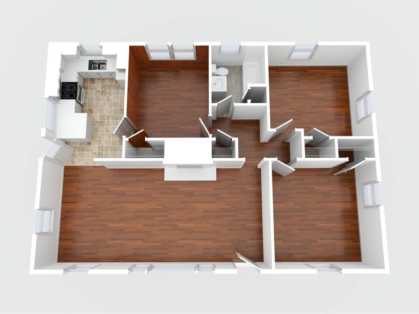 3d top-down view of an unfurnished apartment floor plan with two levels, featuring living spaces, a kitchen, and staircases.