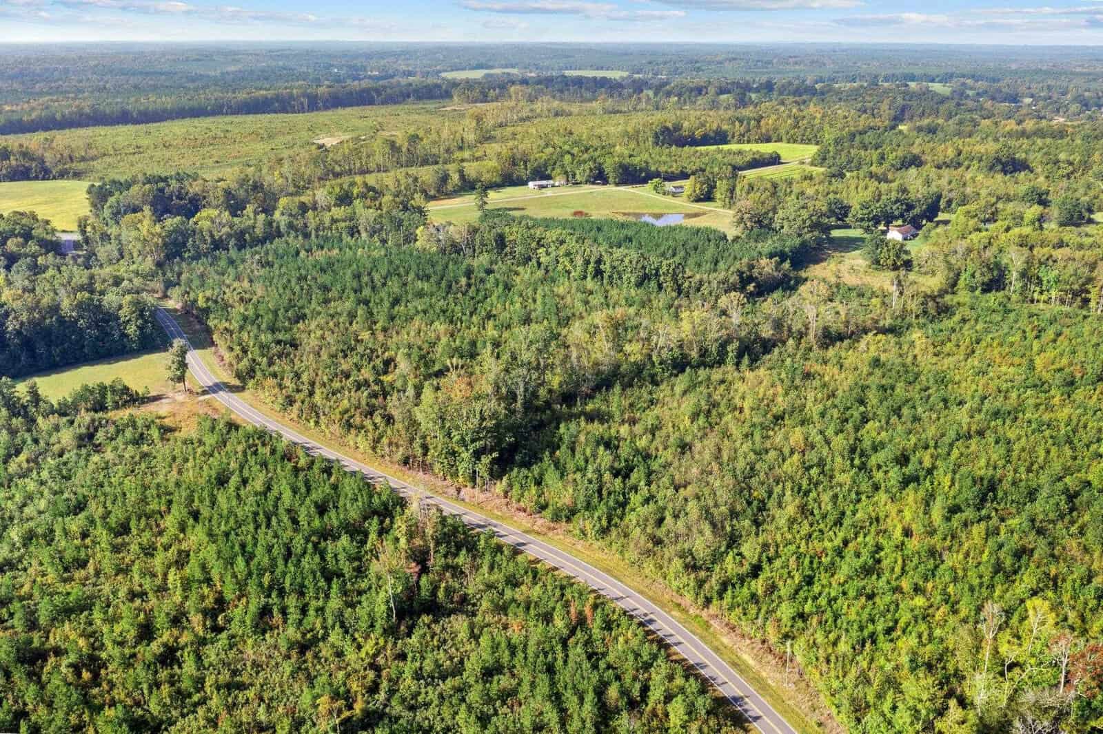 Aerial view of a winding road through a lush, green rural landscape with dense forests and scattered fields under a clear blue sky.