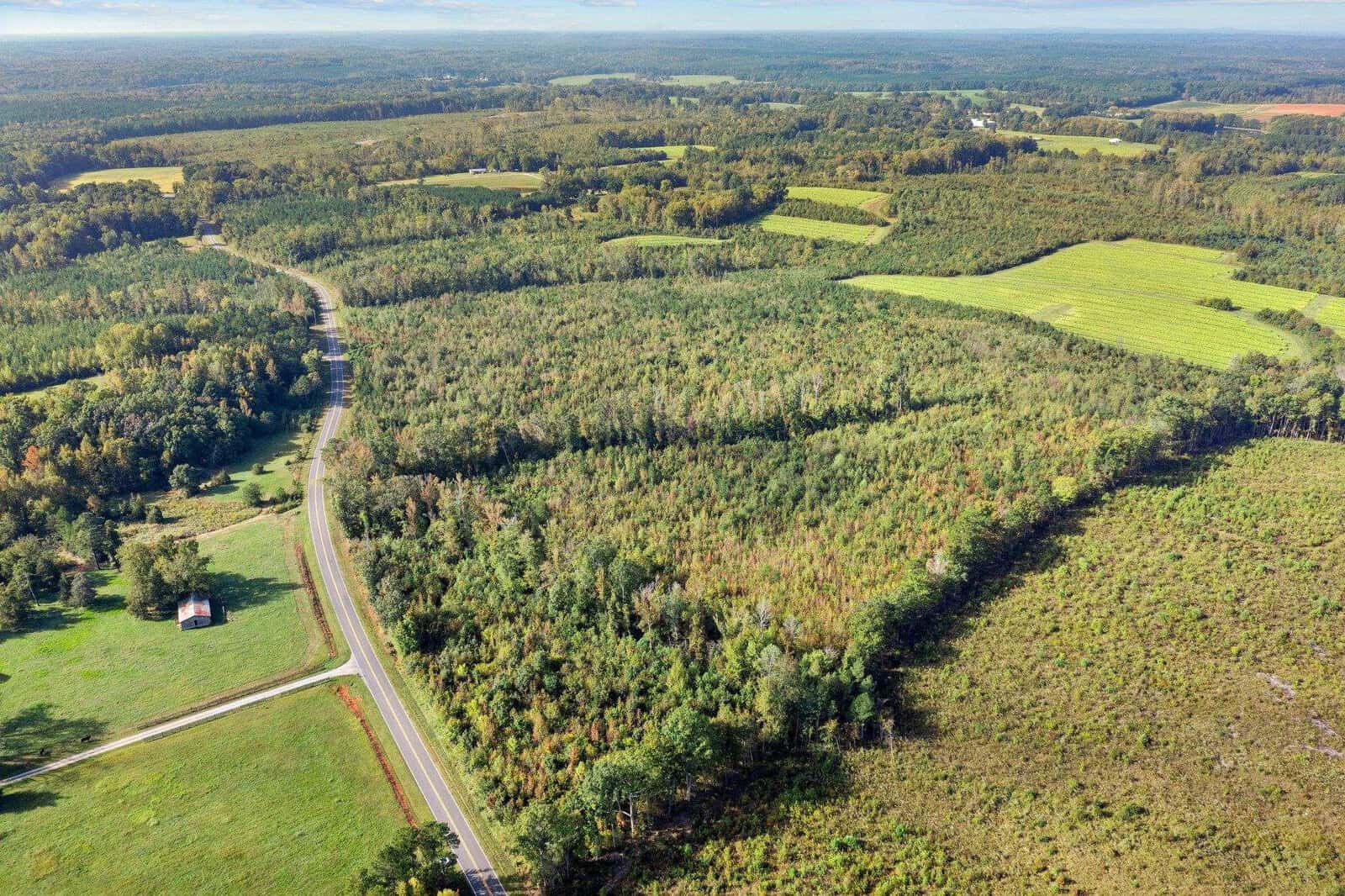 Aerial view of a lush, green landscape with fields, forests, and a winding road. A few distant buildings are scattered across the terrain. The horizon reveals a vast expanse of countryside under a clear sky.