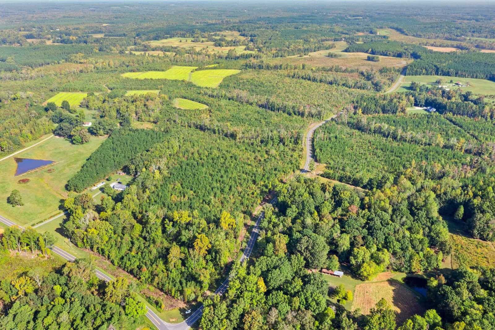 Aerial view of a sprawling rural landscape featuring dense forests, open fields, and winding roads. There's a small pond on the left and patches of green fields in the distance under a clear sky.