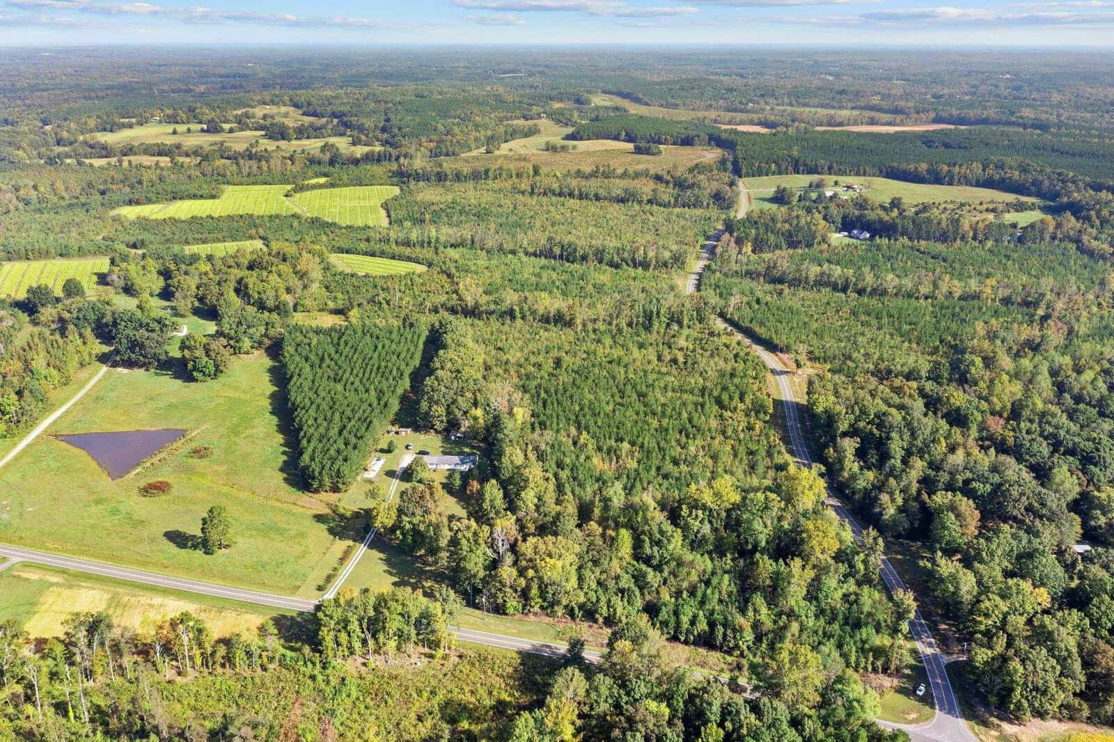An aerial view of a rural landscape featuring a patchwork of green fields, dense forests, and winding roads under a blue sky. A small pond is visible on the left, surrounded by trees and open grassy areas.