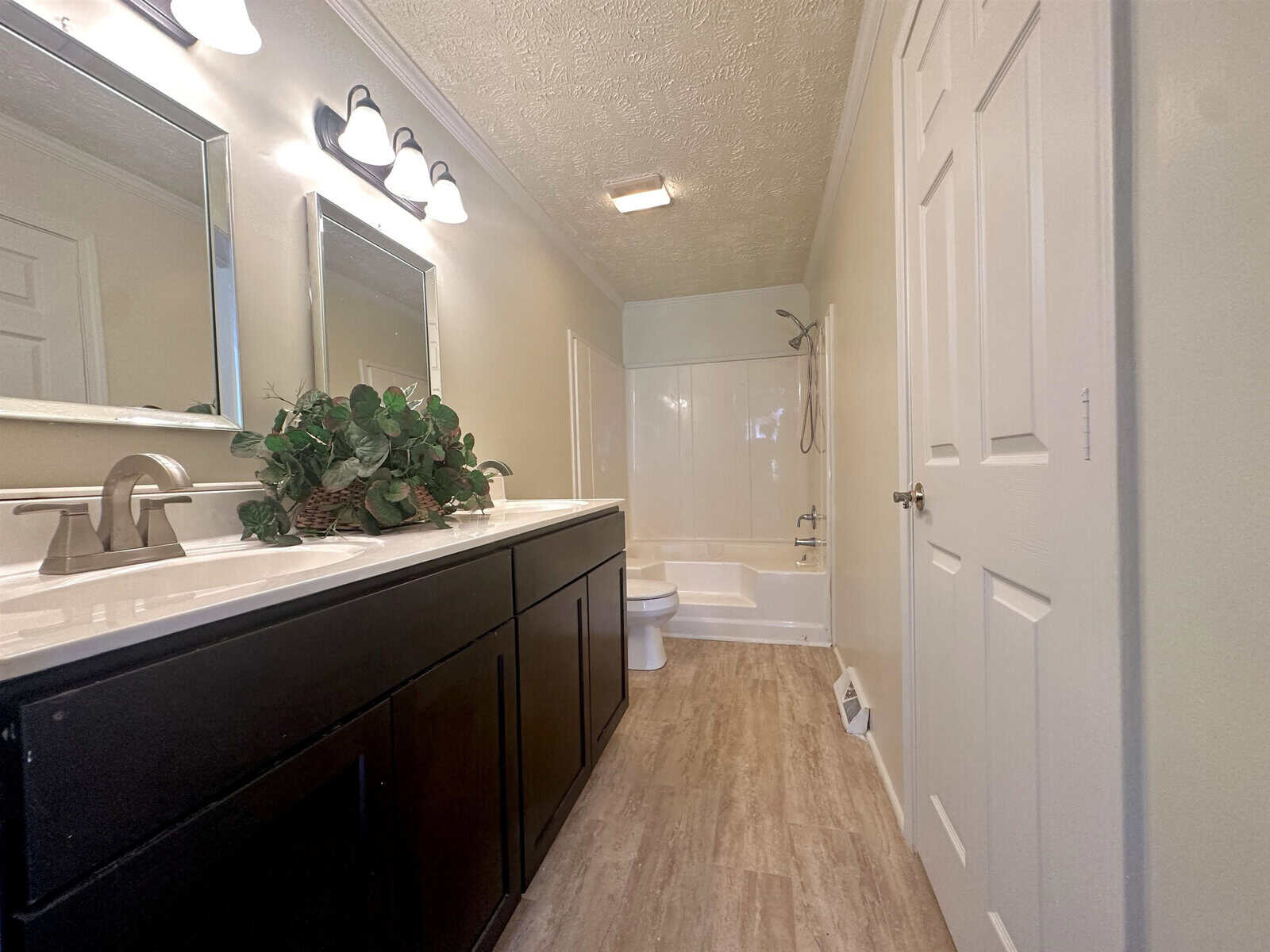 A modern bathroom interior with a dark vanity, white countertop, a large mirror with overhead lighting, a bathtub with a shower, and a toilet partially hidden behind an open door. a potted plant adds a touch of greenery on the countertop.