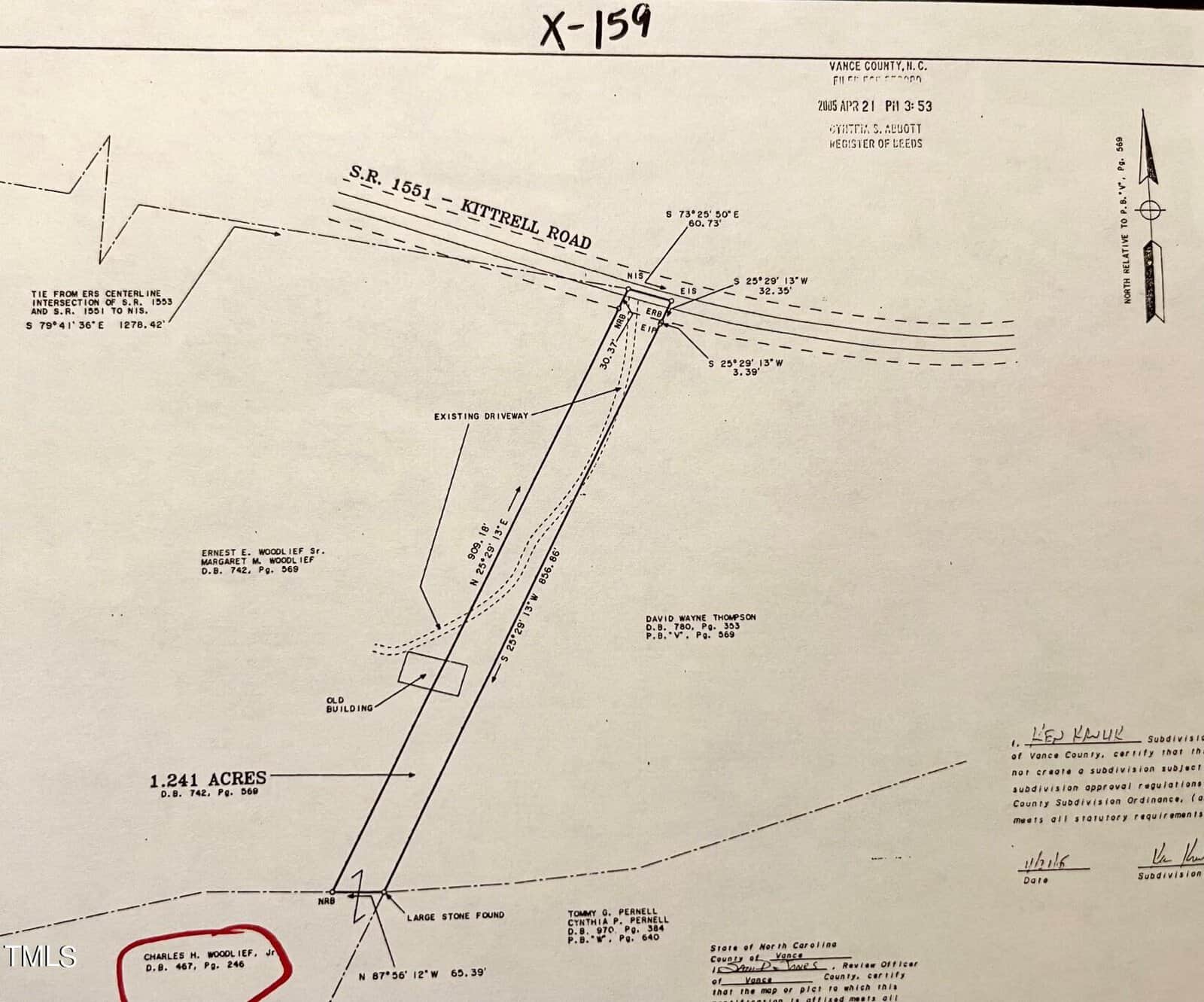 A black and white technical drawing labeled "X-159" depicting a land survey. The land is along S.R. 1551 (Mittrell Road) and measures 1.241 acres. There is detailed boundary information, text annotations, and various surveyor's marks and labels on the drawing.