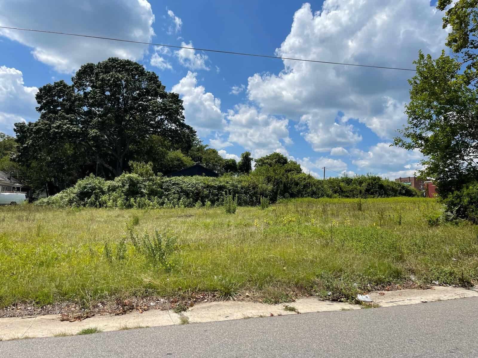 An overgrown vacant lot with scattered trees and shrubs under a partly cloudy sky, with a view of residential buildings in the background.