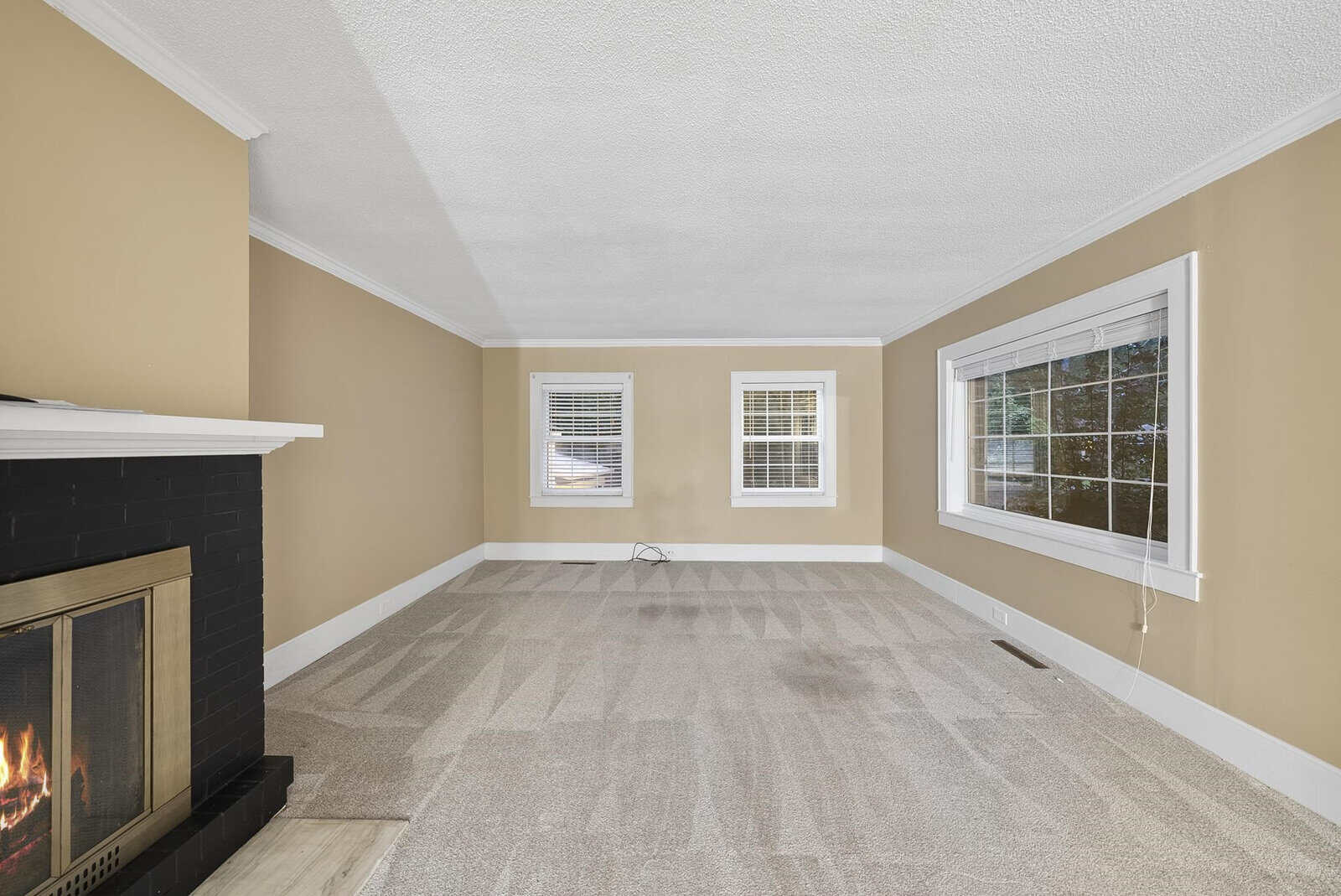 Spacious and empty room with beige walls, white trim, and grey carpeted flooring, featuring a fireplace on the left and two windows allowing for natural light.