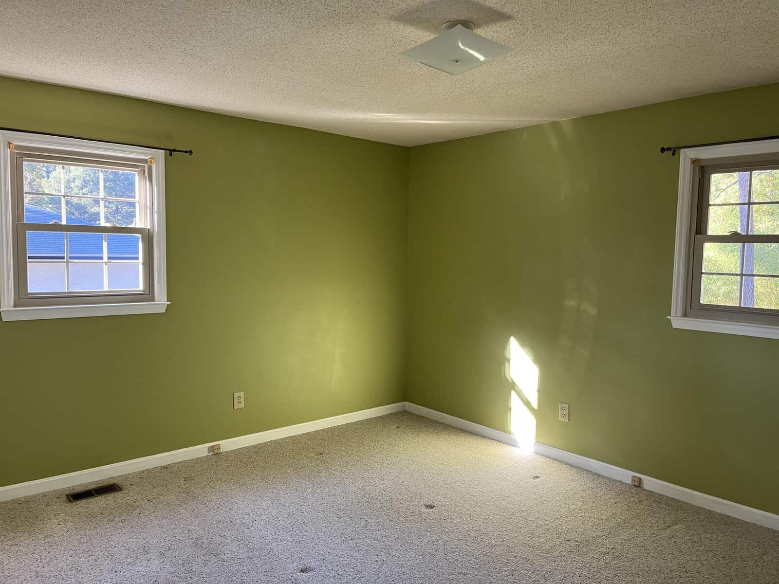 A room with green walls and two windows, allowing sunlight to stream in. The floor is carpeted in a light color, and a simple ceiling light fixture is present. The windows offer views of trees outside.