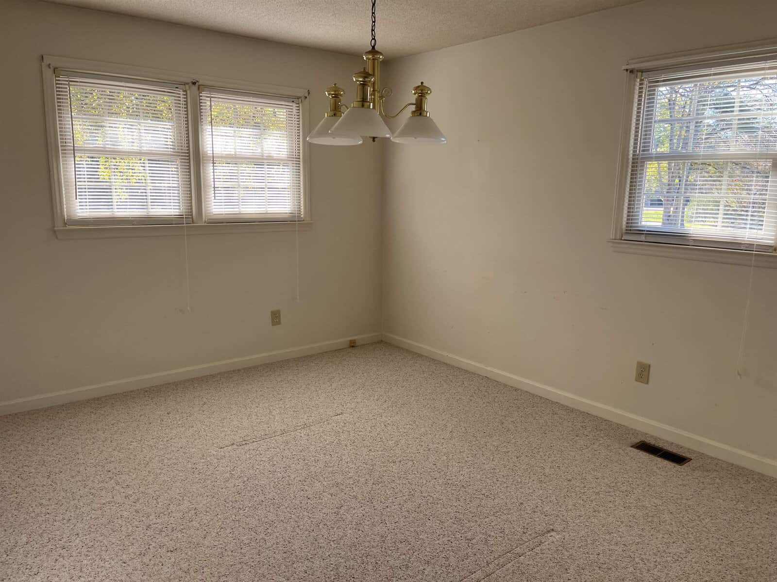An empty room with white walls and light-colored carpet. Two windows with blinds let in natural light. A ceiling light fixture with three bulbs hangs from the ceiling. There are no furnishings in the room.