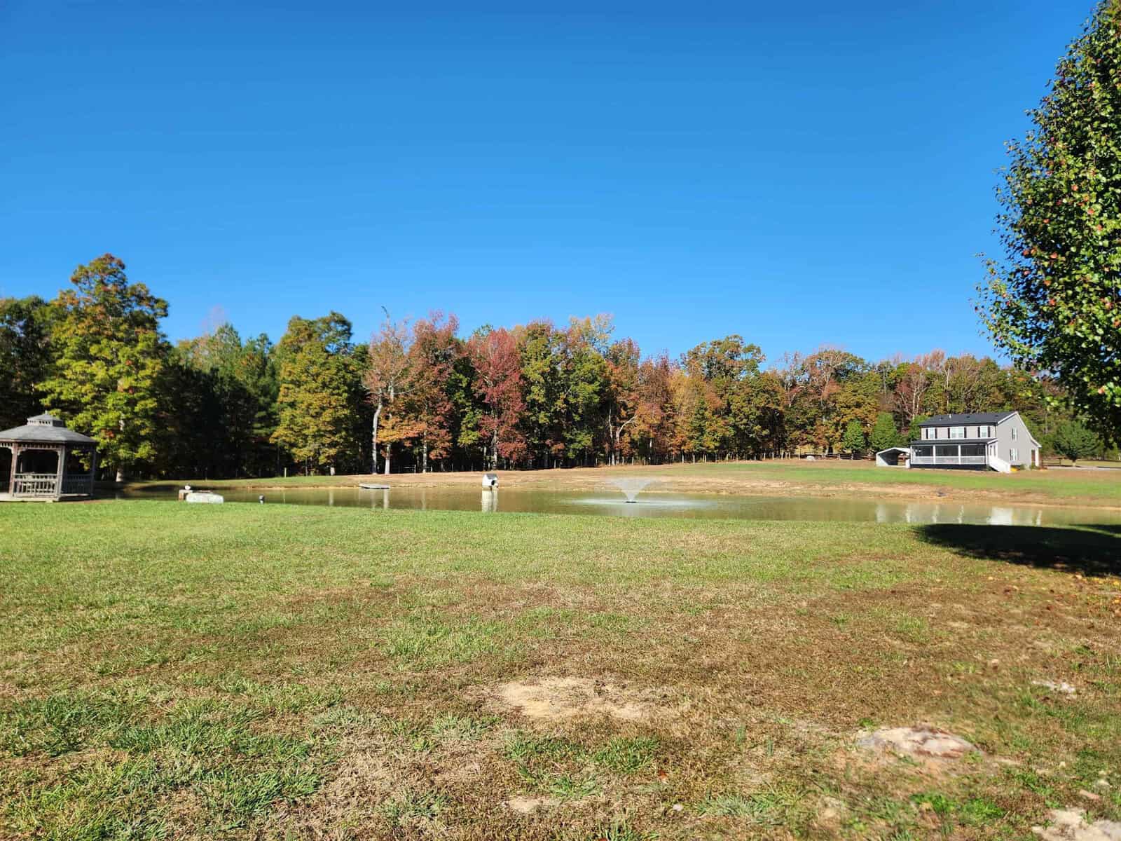 A serene landscape with a grassy field leading to a small pond. A fountain sprays in the pond's center. A pavilion is on the left, and a house is on the right, with a backdrop of colorful autumn trees under a clear blue sky.